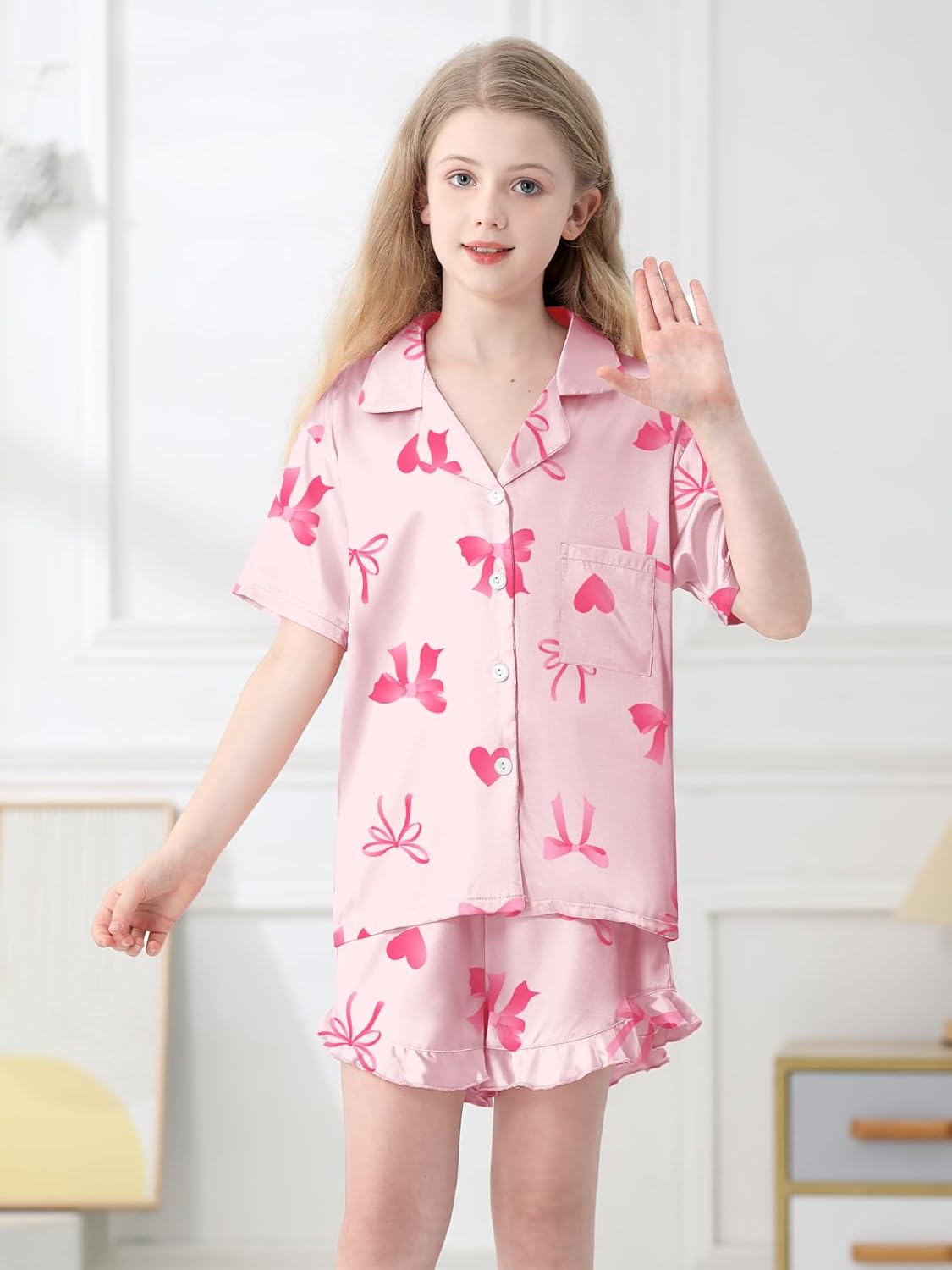 QZH.DUAO Girls Satin Pajamas Set Button Down Silk 2 Piece Pj Sets Ruffle Short Sleeve Sleepwear - Image 3