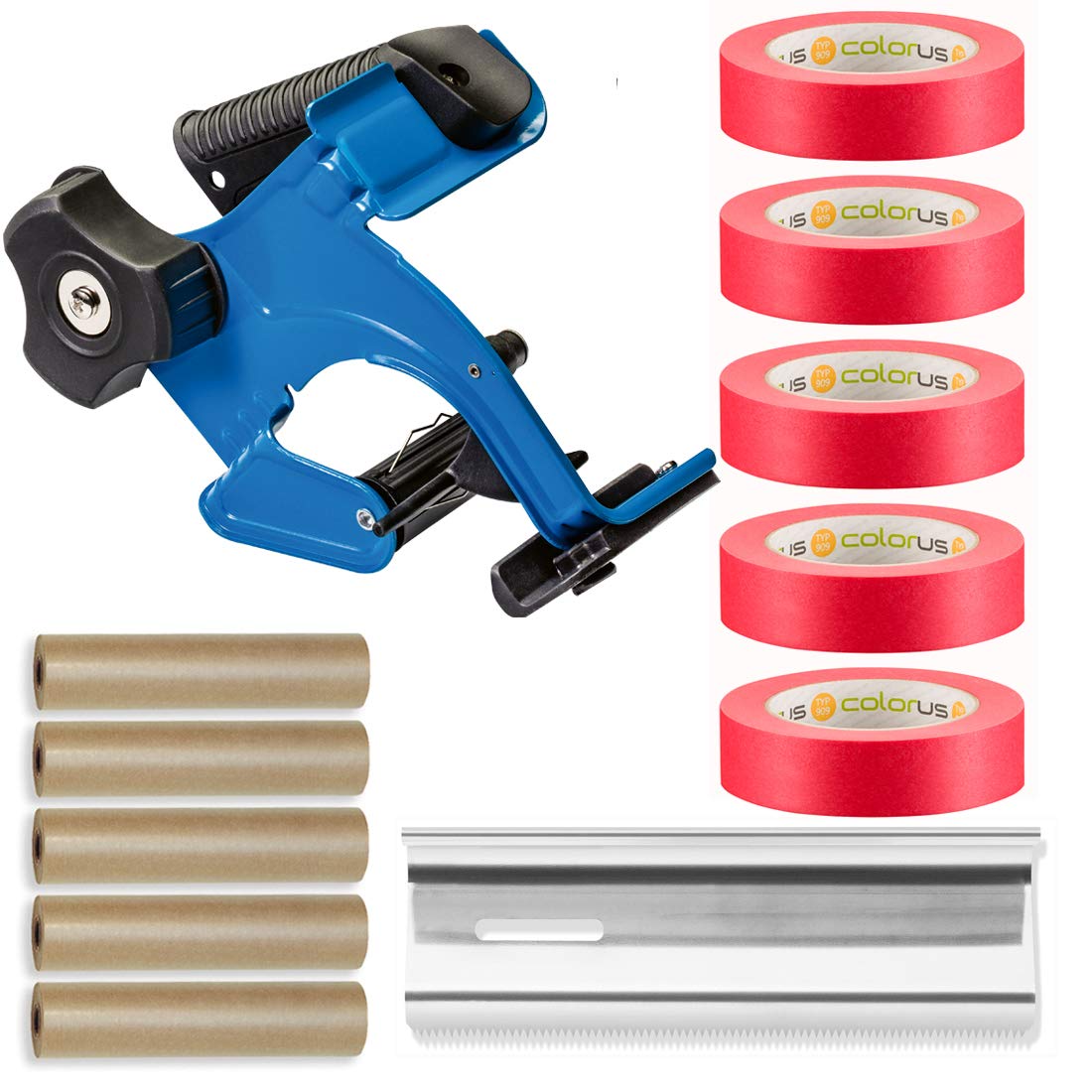 Colorus Handabdeckroller Set Abdeckfolie Masker Tape | Abdeckpapier 15 cm x 50 m | Fineline Extra Strong 30 mm x 50 m | Abreißklinge 150 mm | 150 Tage UV beständig | Spezialpapierband, Abdeck-Papier