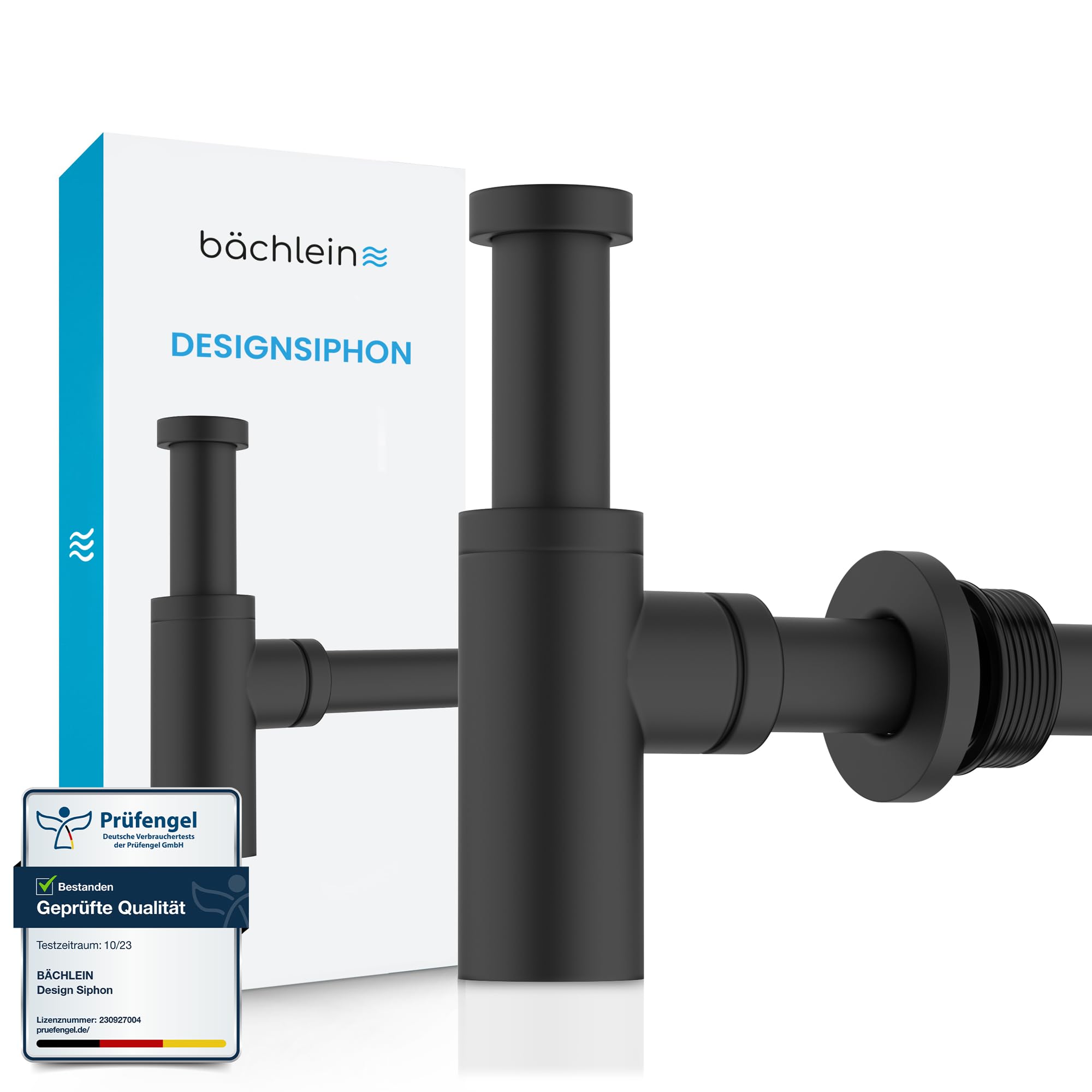 Bächlein Matt Black Design Siphon Universal For Washbasin & Washstand - Drain Fitting Exactly - Odour Trap With Cleaning Opening + Installation Instructions - Design Siphon Drain Fitting Tube Siphon