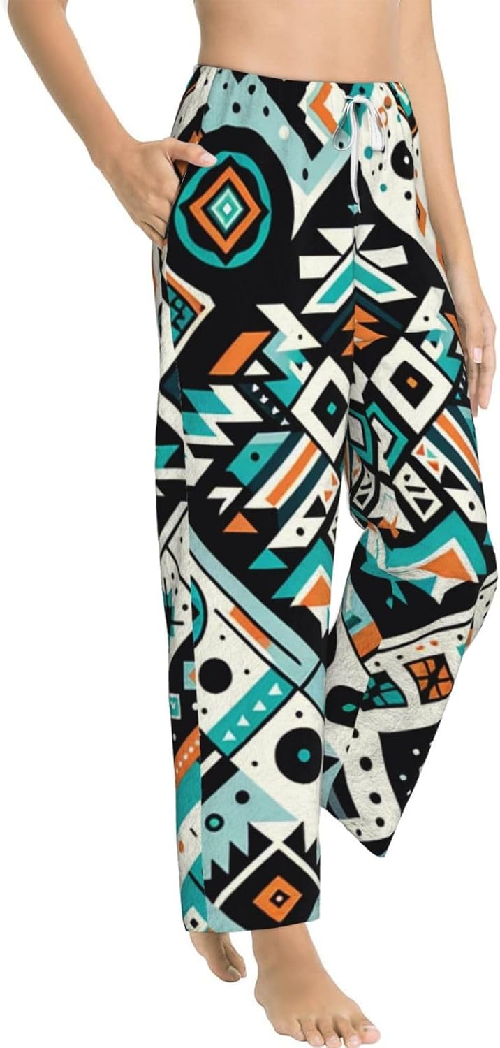 Women'S Colorful-Navajo-Pattern-Aztec Fleece Pajama Pants, Cozy Flannel Lounge Bottoms For Women