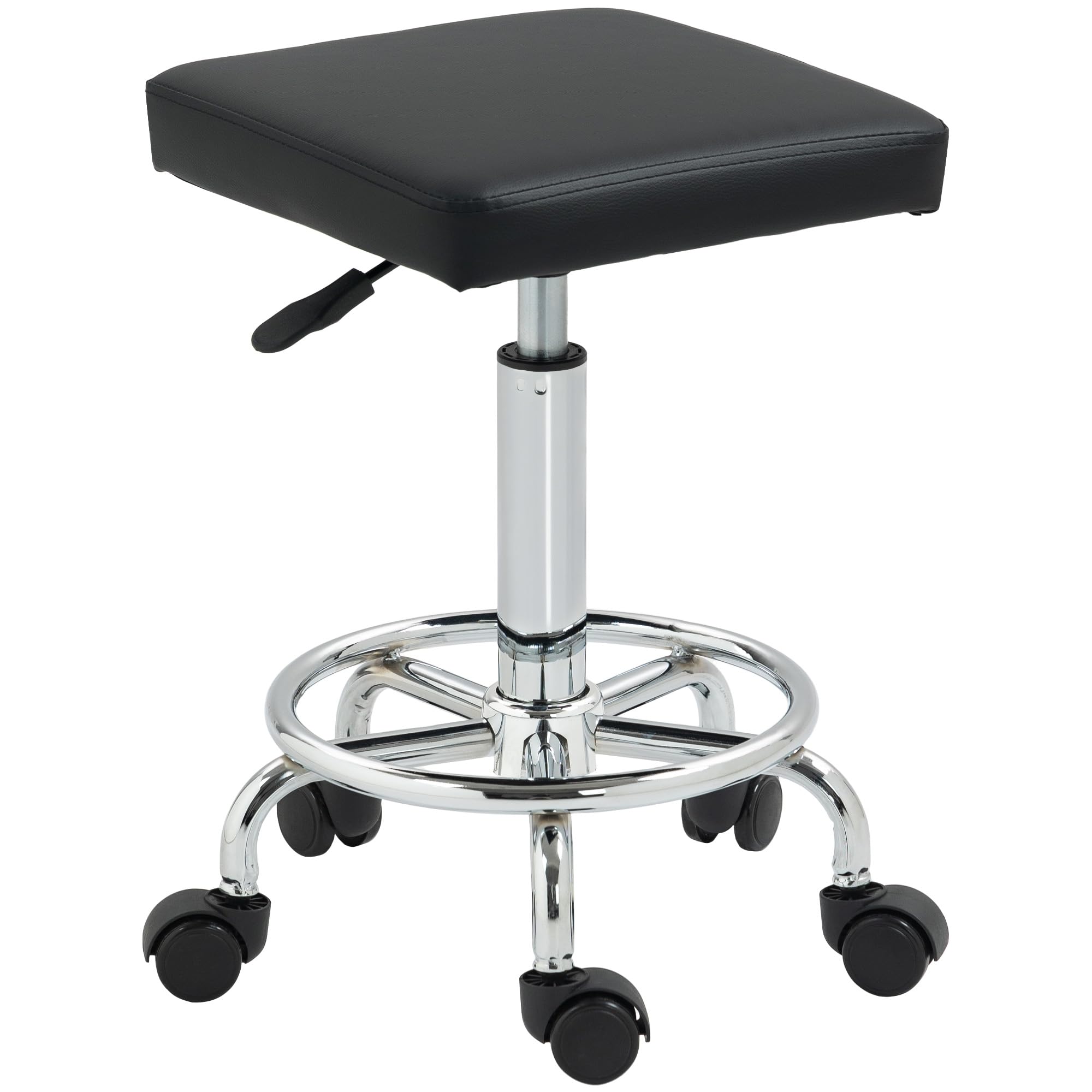 HOMCOM Sgabello girevole con ruote, altezza regolabile 50-66 cm, nero | Seduta imbottita in pelle sintetica, poggiapiedi, per saloni e officine