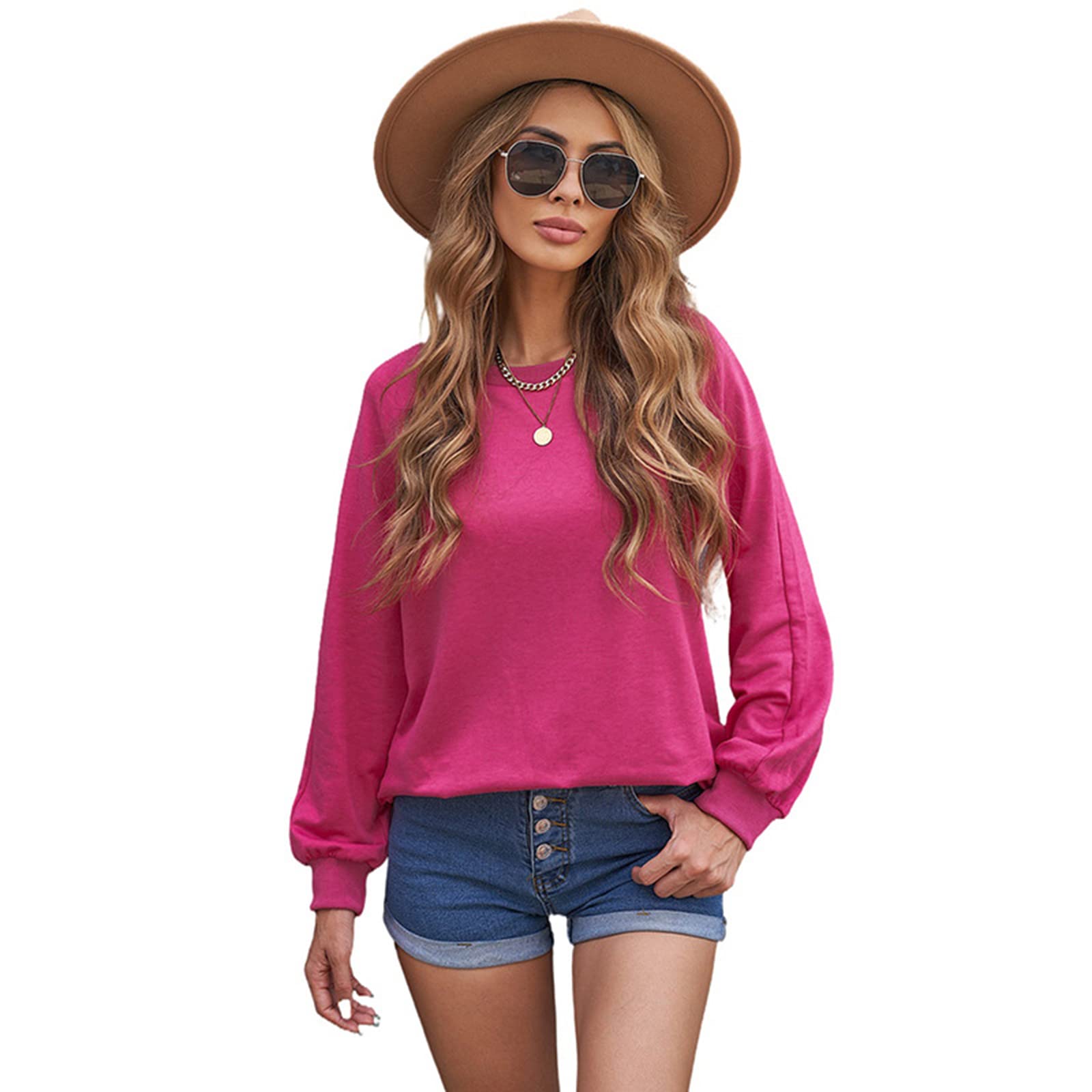 Pullover manches ballon imprimé rose L style casual chic pour femme