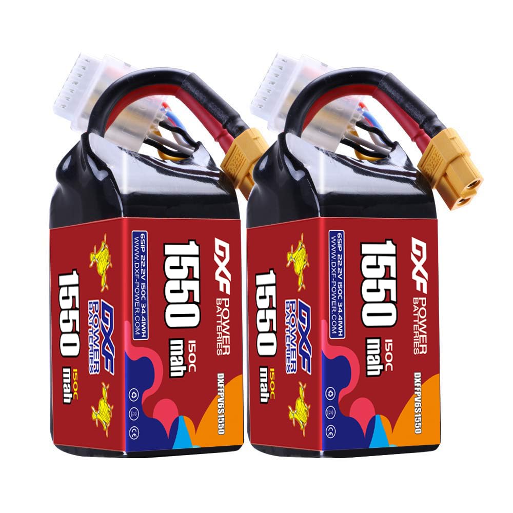 DXF 6S 1550 mAh Lipo Akku 22,2 V 150 C mit XT60 Stecker RC Graphen Akku für FPV-Drohne Quadcopter Hubschrauber Flugzeug RC Boot Autorennen Modelle (2 Stück)