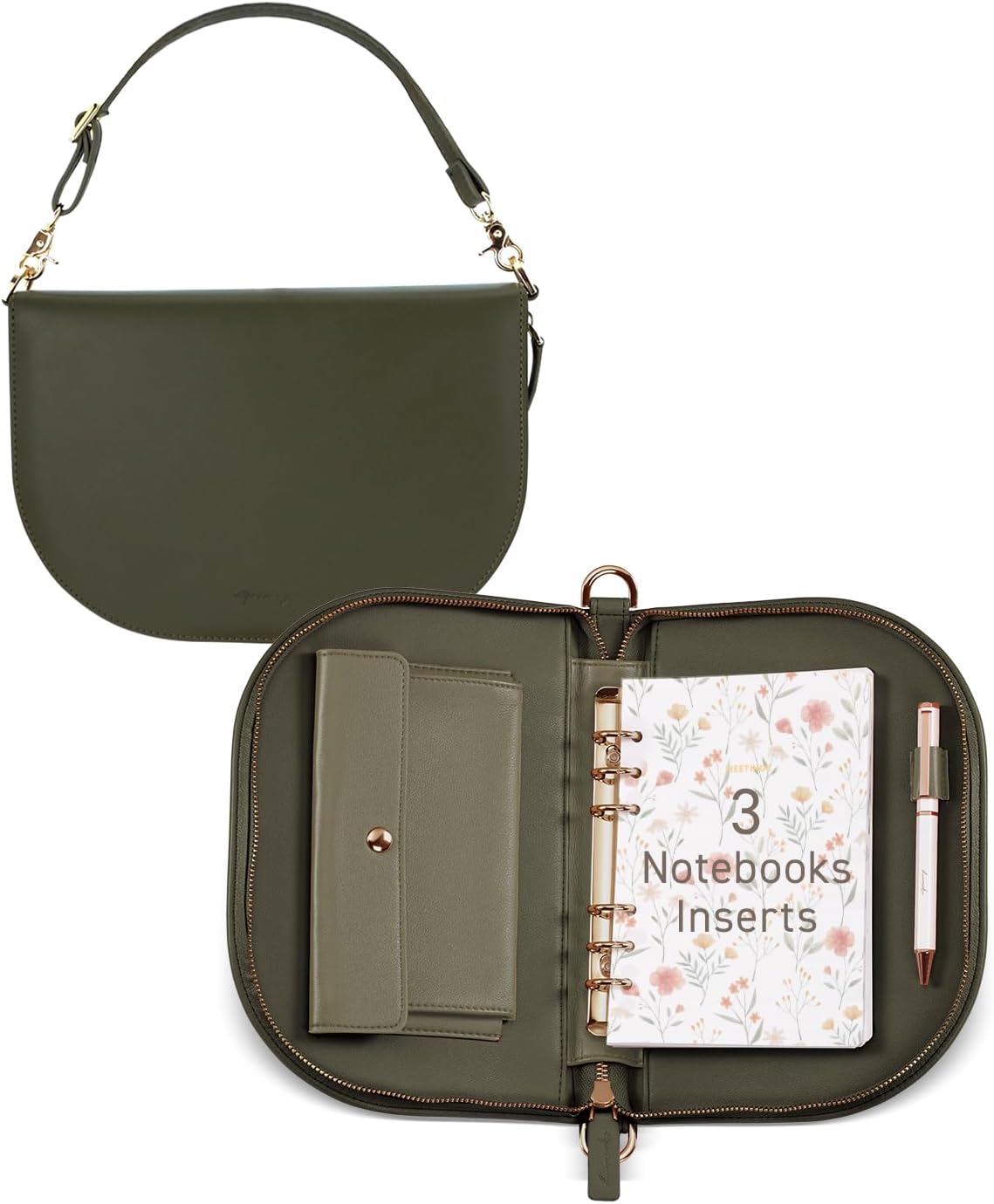 EGOSUNNY®The Luna Leather Journal, A6 6-Ring Refillable Binder (4.9" x 7.4") with 3 Detachable Notebooks and Metal Ballpoint Pen – Convertible Shoulder Bag – Planner for Work, School & Personal Use