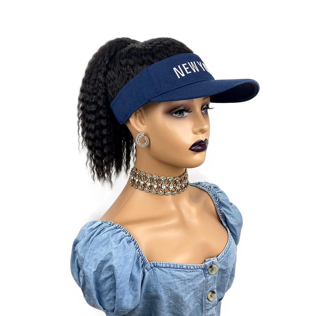 VAVANGA Hat Wig for Black Women - Black Afro Kinky Yaki Hair Extensions with Attached Ponytail Wig Hat - Navy Blue Baseball Cap (Navy Blue, LD0315)