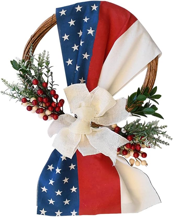 LUOZZY 4 of July Wreath for Front Door Patriotic Wreath Independence Day Flower Wreath Red White and Blue Wreath Patriotic 4 of July Decorations Outdoor, 19.6 × 13.7 Inch