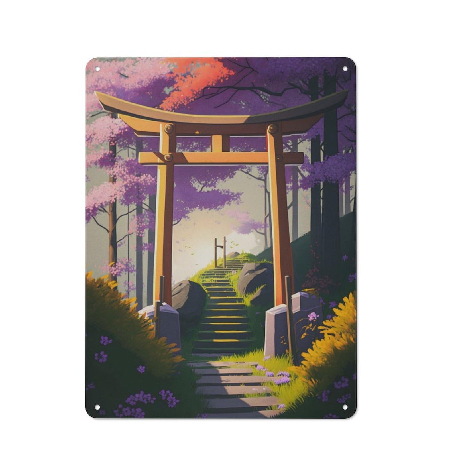 Nostalgic Decorative Tin Plaque 40x30cm Featuring Stairs And Torii Gate, Classic Pub Decor for Cafe, Pub, Workshop Or Home Bar