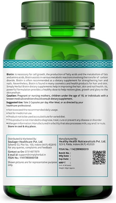 Simply Herbal Natural Biotin (Vitamin B7) Capsules for Healthy Hair, Radiant Skin & Strong Nails - Enhanced with Keratin, Multivitamins & Amino Acids - 90 Vegetarian Capsules for Men & Women