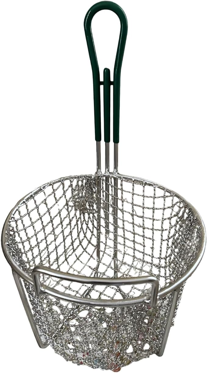 Quality Industries Fry Basket, Stainless Steel, Crispy, Green Handle, 240x240x178mm, ~9.5x9.5x7in