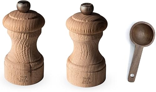 Peugeot Bistro Nature - Juego de molinos de sal y pimienta de 4 pulgadas, con cuchara de madera para especias