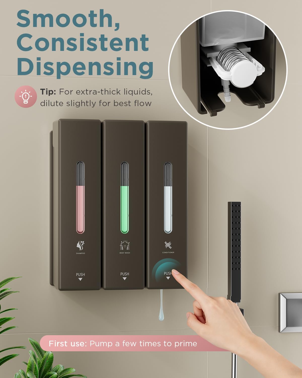 Shampoo and Conditioner Dispenser Wall Mounted, 3-Chamber Shower Soap Dispenser for Bathroom, 1200ML Large Capacity, No-Drill Installation, Clog-Free Pump for Thick Liquids (grey-3-pack)