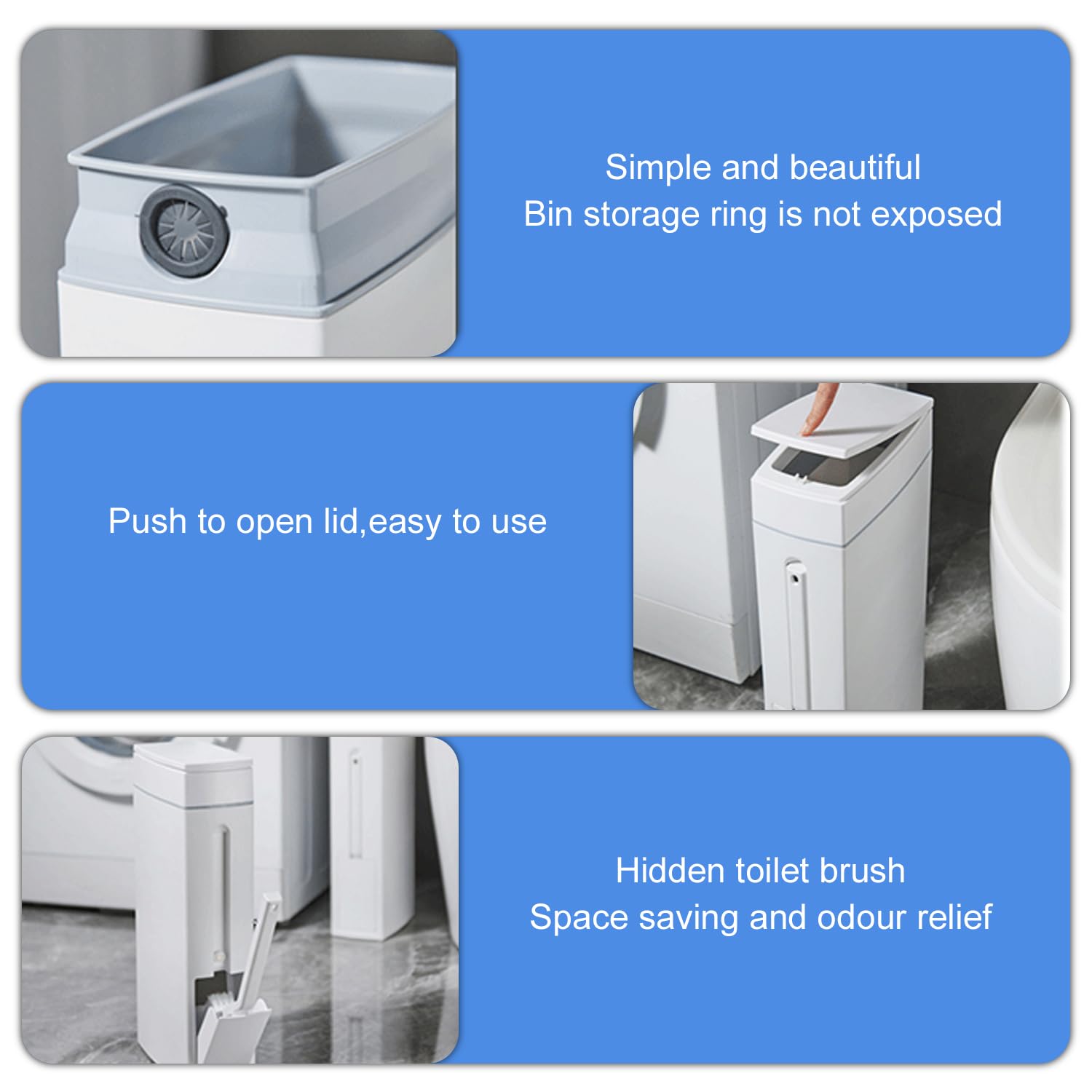 Pattumiera da bagno da 4,5 L con coperchio - Pop-Up cestino di plastica con scopino per WC - A tenuta di odore per bagno, cucina, ufficio, soggiorno, WC in bianco