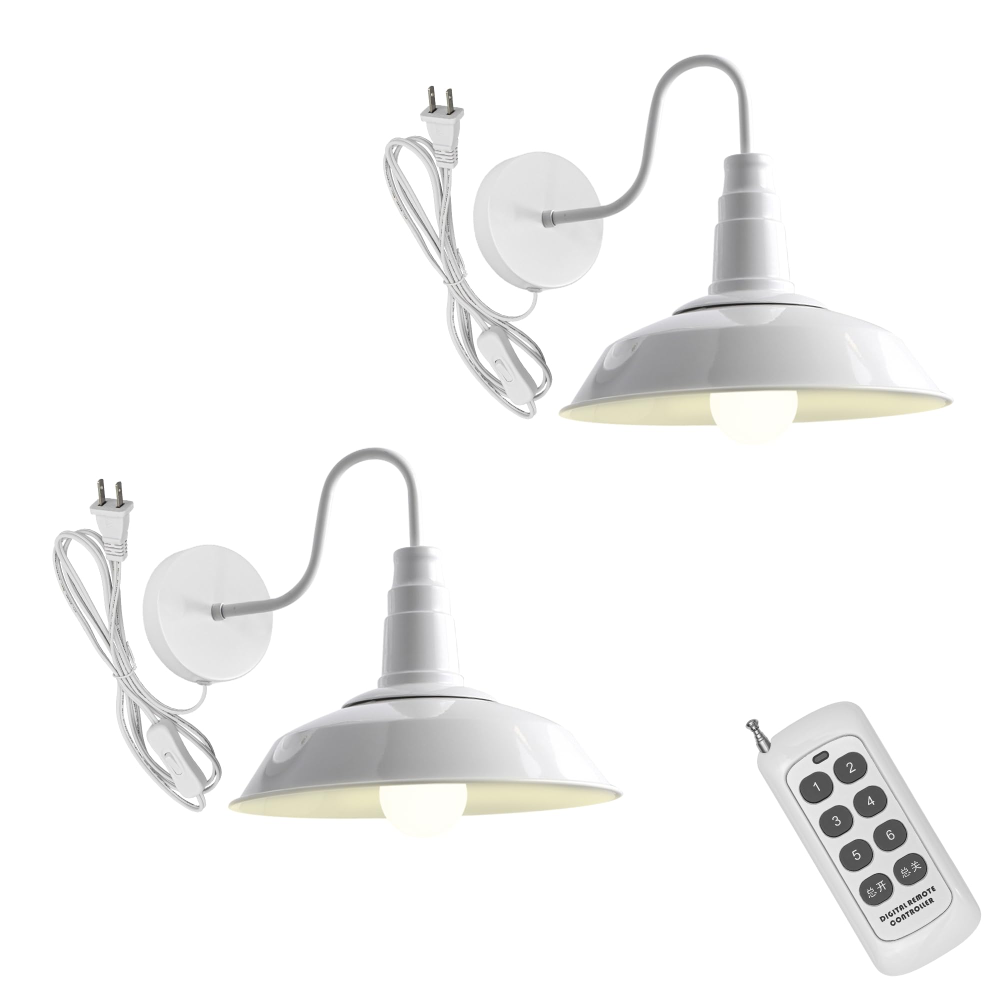 Porch Wall Lamp White 2-Lights Remote Control 70.8" Plug in Button Cord Vintage Goose Neck Wall Lighting for Home Bedsides Bathroom Over Mirror(No Bulb)