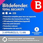 Bitdefender Total Security| 3 Appareils | 1 An | PC/Mac/iOS/Android | Code d’activation par email | Renouvellement Automatique