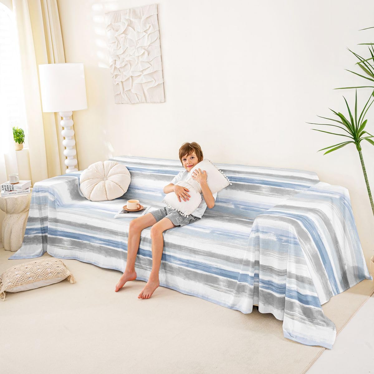 Homewish Funda de sofá abstracta a rayas azules de 180 x 340 cm