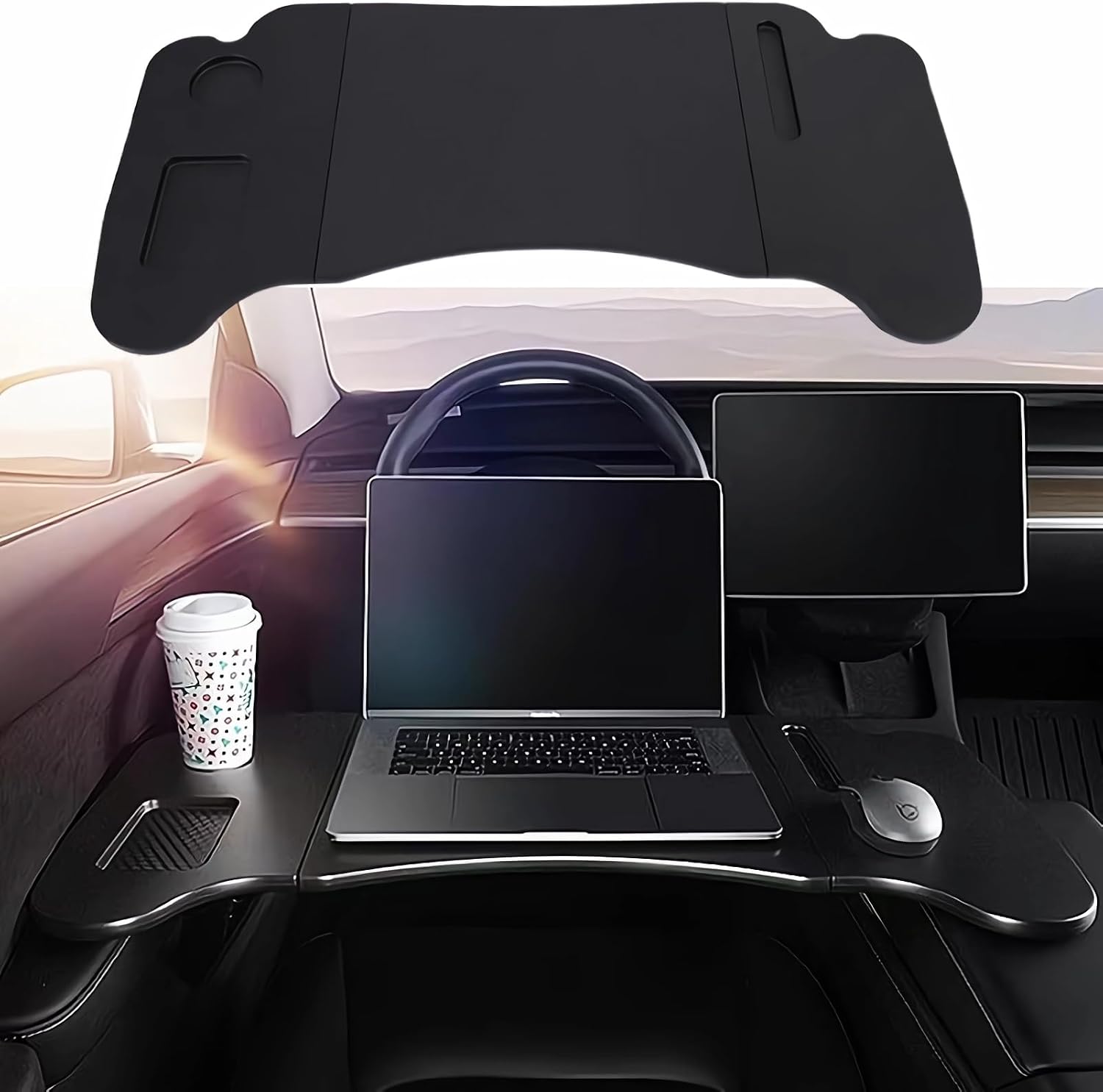 Foldable Car Tray for Tesla Model Y, Car Steering Wheel Desk, Car Desk for Car Mount with Pen Holder, Car Food Tray for Eating with Drinks Holder, Multipurpose Travel Car Accessories