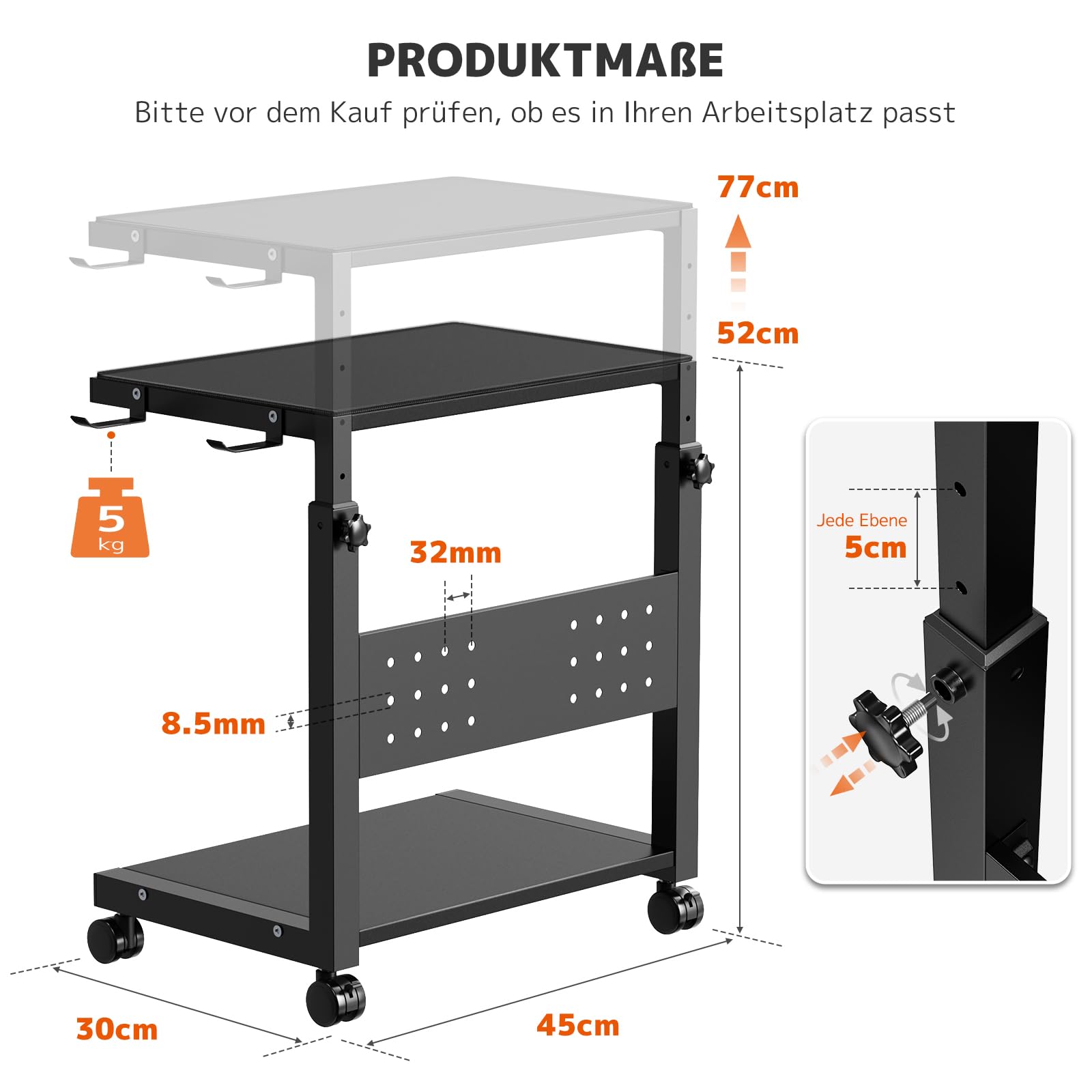 PUTORSEN Höhenverstellbarer PC Tower Ständer mit 2 Ebenen,Computer Tower Ständer mit Rollen und Maus Pad,PC Halterung unter Schreibtisch,ATX-Gehäuse bis 40kg/Ebene,Druckerständer für Heimbüro,Schwarz