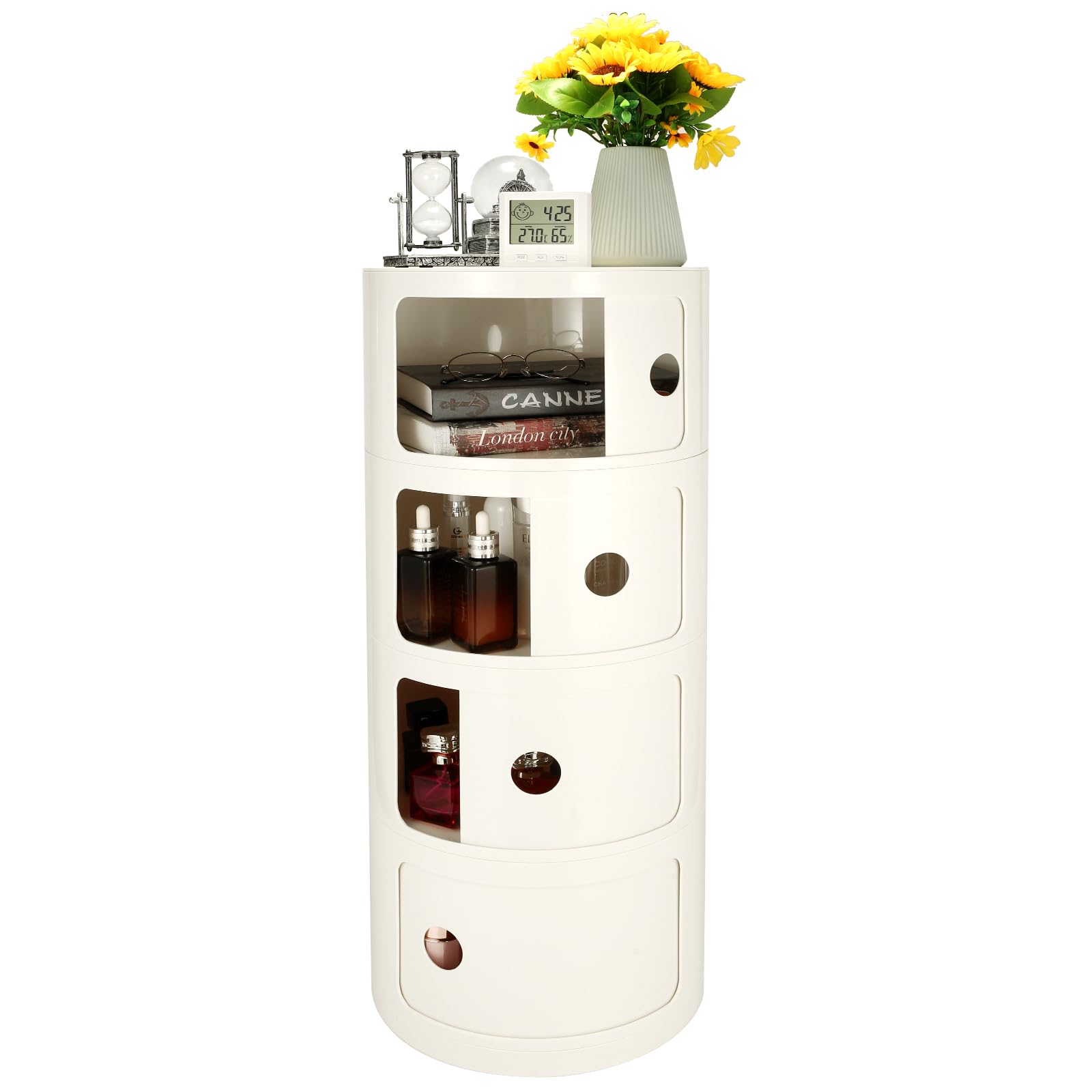 FZANVAN 4-Tier Round Bedside Table, Narrow Storage Cabinet, Small Stylish Storage Cabinet, no Installation Required, Suitable for Living Room and