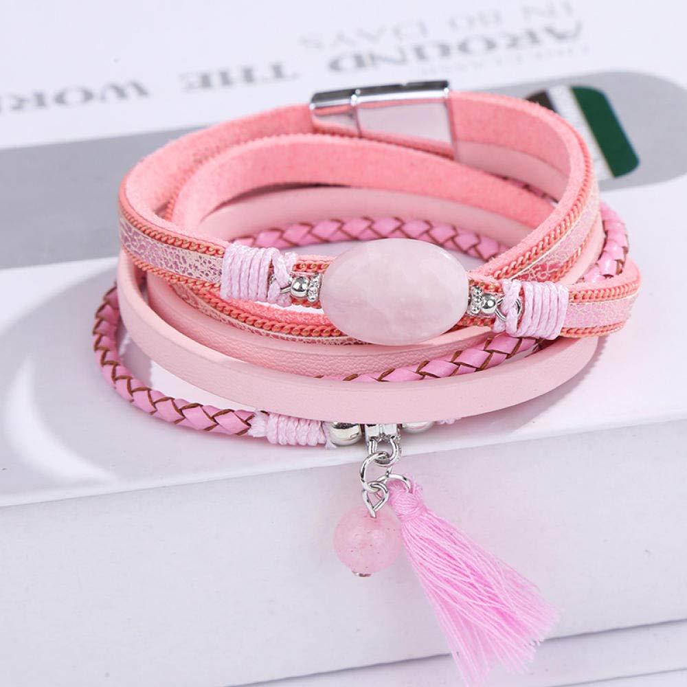 Lederarmband für Frauen, mehrschichtige Vintage Lederarmband Rosa Temperament Naturstein Achat gewebter Quasten-Anhänger Magnet Schnalle Damen Armband Personalisierte Kleidung Accessoires Schmuck