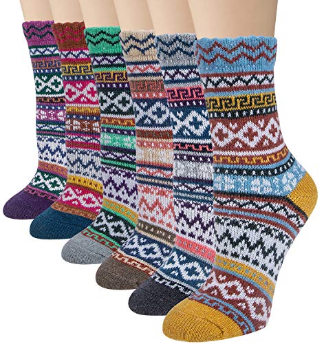 Justay 6 Pairs Winter Womens Wool Socks Vintage Warm Cozy Socks Knit Casual Crew Socks Gifts for Women