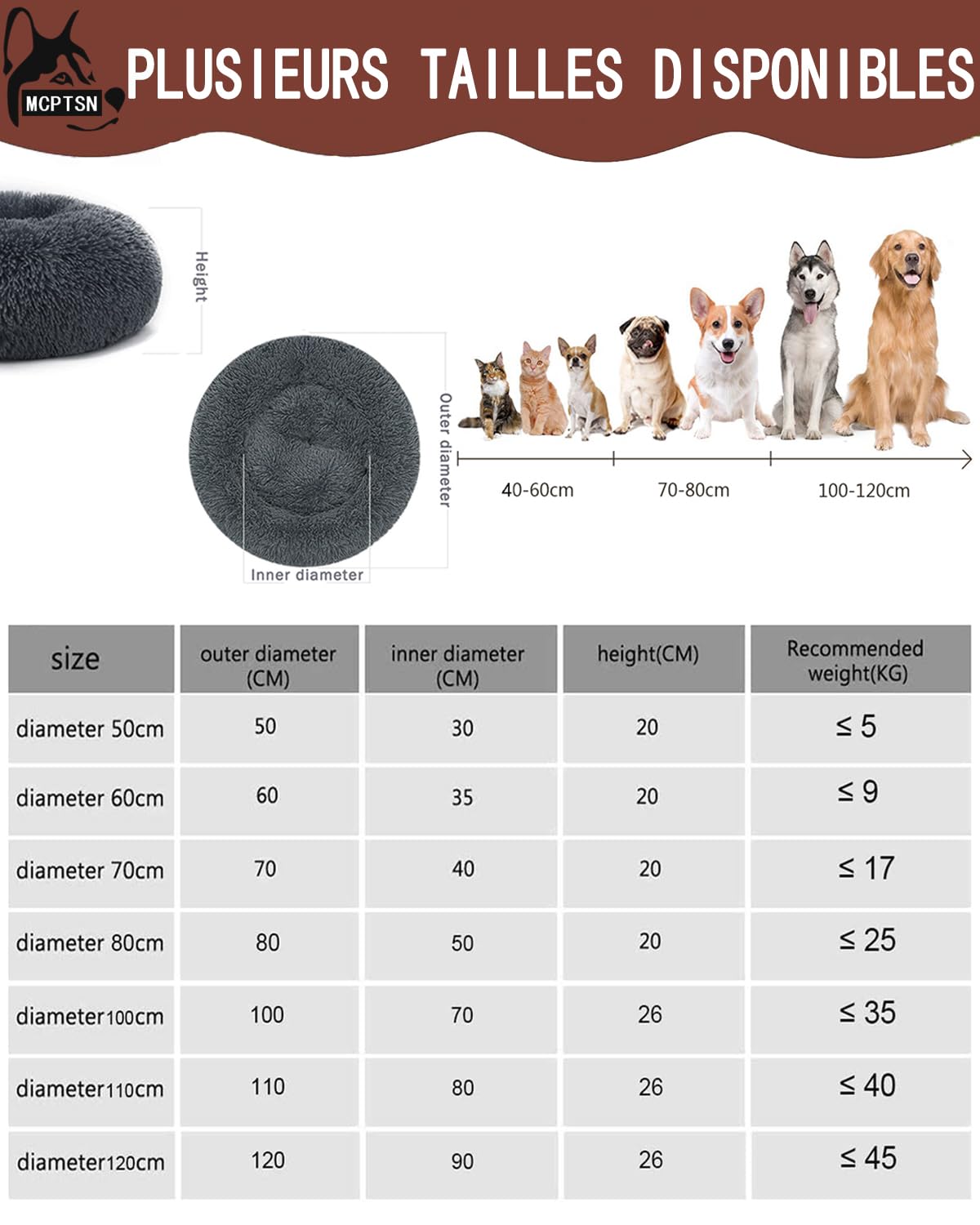 Cesta redonda para perro desenfundable, cojín para perros y gatos, lavable, cama para perros, talla grande, ortopédica, esponjosa y cómoda (5XL, 120 cm, gris oscuro)