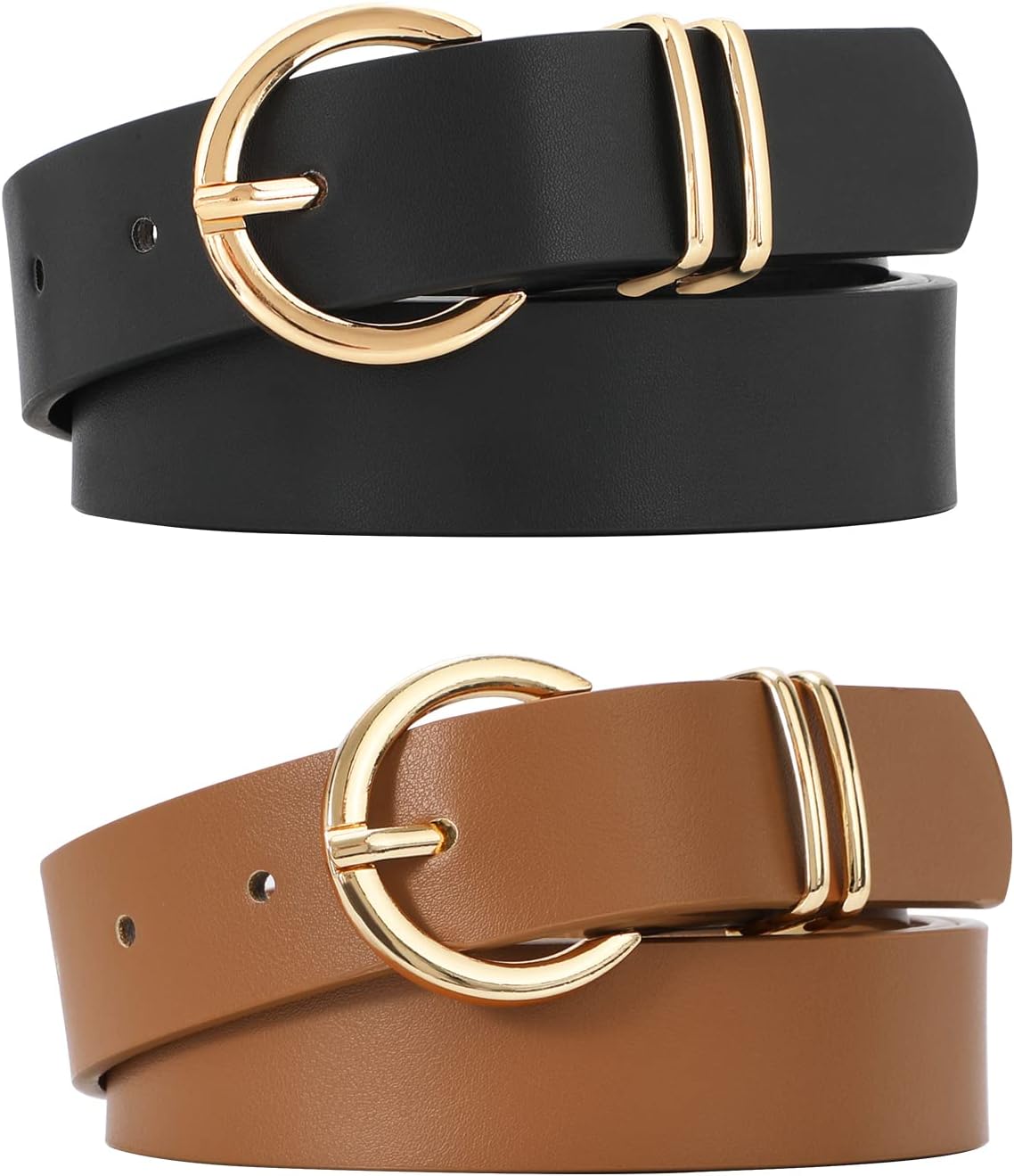 Women’s Leather Belts for Jeans Dresses Fashion Gold Buckle Ladies Waist Belt,2 Pack