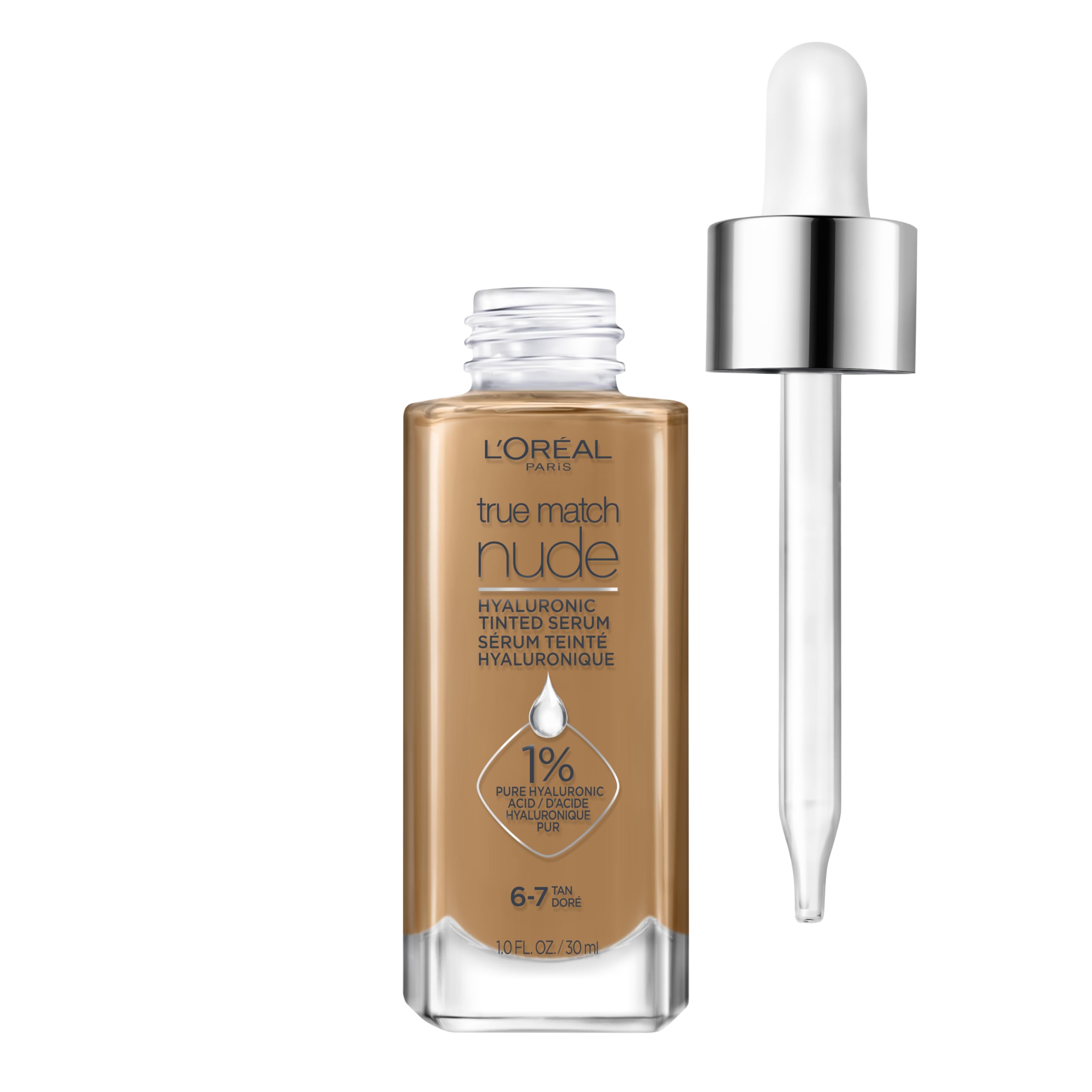 L'Oreal Paris True Match Nude Hyaluronic Tinted Serum Foundation with 1% Hyaluronic Acid, Tan 6-​7, 1 fl. Oz.