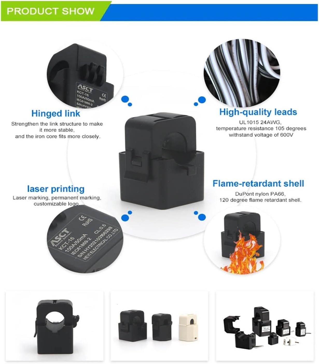 スプリットコア CT KCT-10 5A/333mV CL:0.5 UL1015AWG24 クランプ 電流トランスフォーマー。