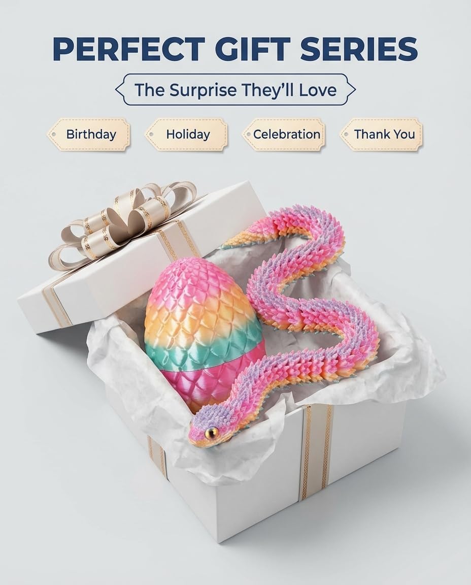 3D Printed Snake Egg for Kids Teens – Hatch a Poseable Serpent, Reusable Treasure Chest, Fidget Toy & Desk Decor – Perfect for Mother's Day, Children's Day, Birthday Gifts (Rainbow)