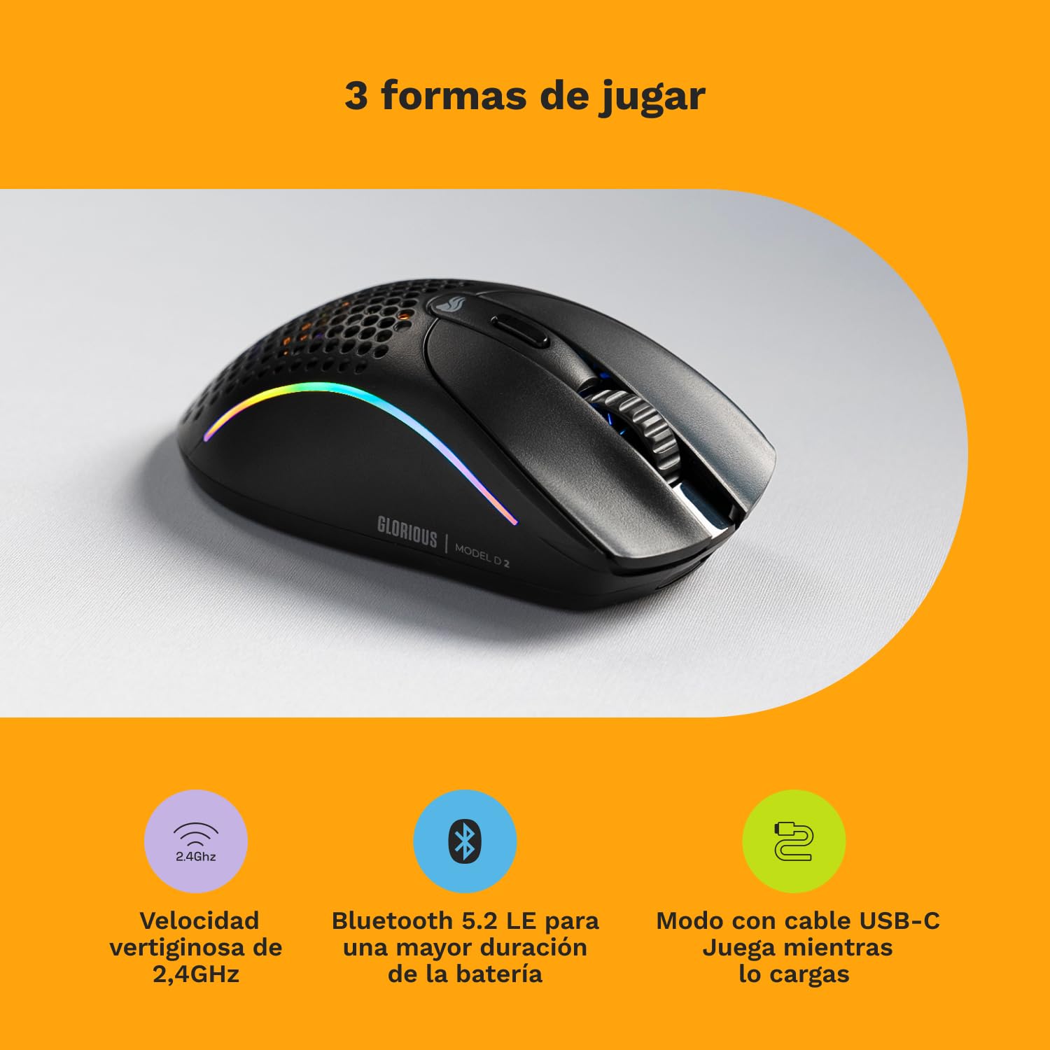 GLORIOUS Model D 2 Wireless Ratón Gaming Ergonómico Ligero (Negro) | Conectividad híbrida 2.4 GHz y Bluetooth, sensor BAMF 2.0 26K, switches 80M clics, tecnología Motion Sync, batería larga