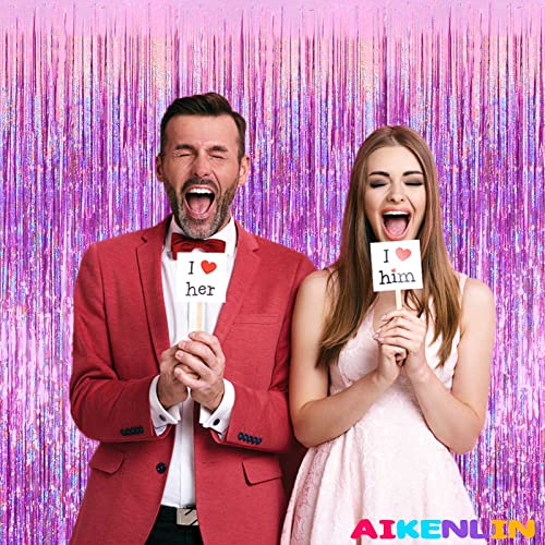 Image of 4 Pack 3.2Ft x 8.2Ft Pink Foil Fringe Curtain Backdrop, Metallic Tinsel Foil Fringe Streamers Curtains Background for Photo Booth, Birthday, Wedding, Disco, Bachelorette, Christmas Party Decoration