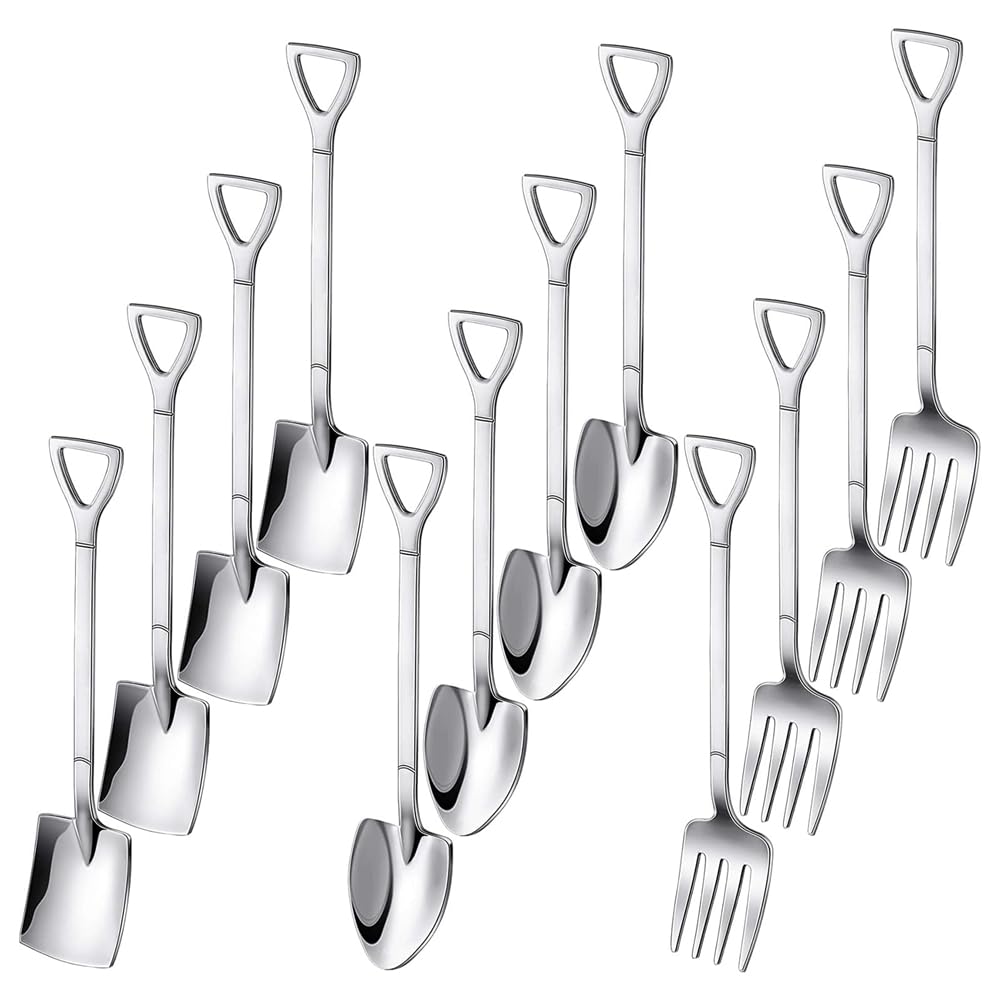 melairo 12PCS Dessert Spoons and Forks Kit Shovel Shape Ice Cream Spoons Set Kit Mini Shovel Spoons for Coffee Yogurt Cake Fruit