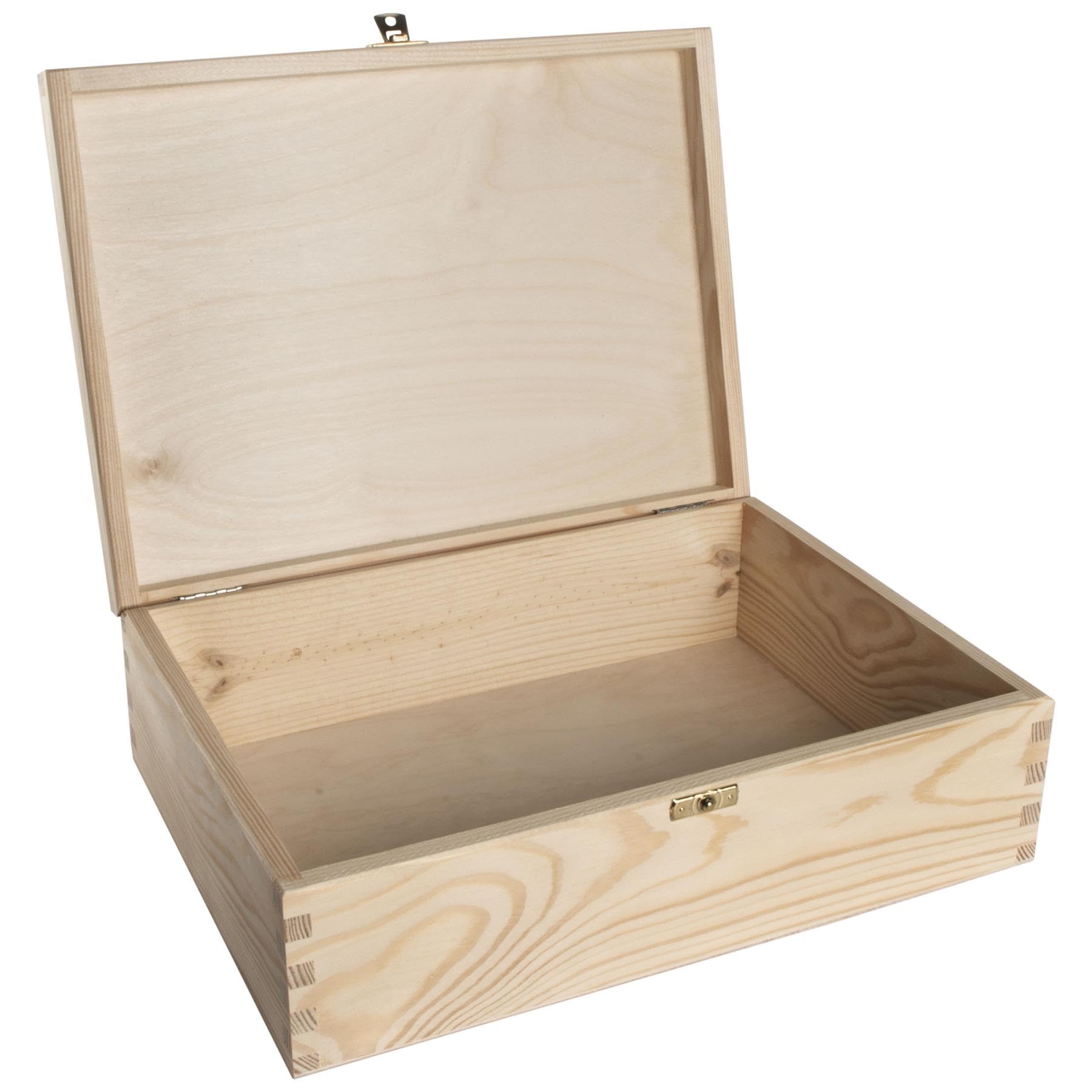 WooDeeDoo Rectangular Wooden Storage Box with Hinged Lid and Clasp – 34 x 25 x 10 cm – Unfinished Pine Case for A4 Documents Art Supplies Craft Projects Office Organisation