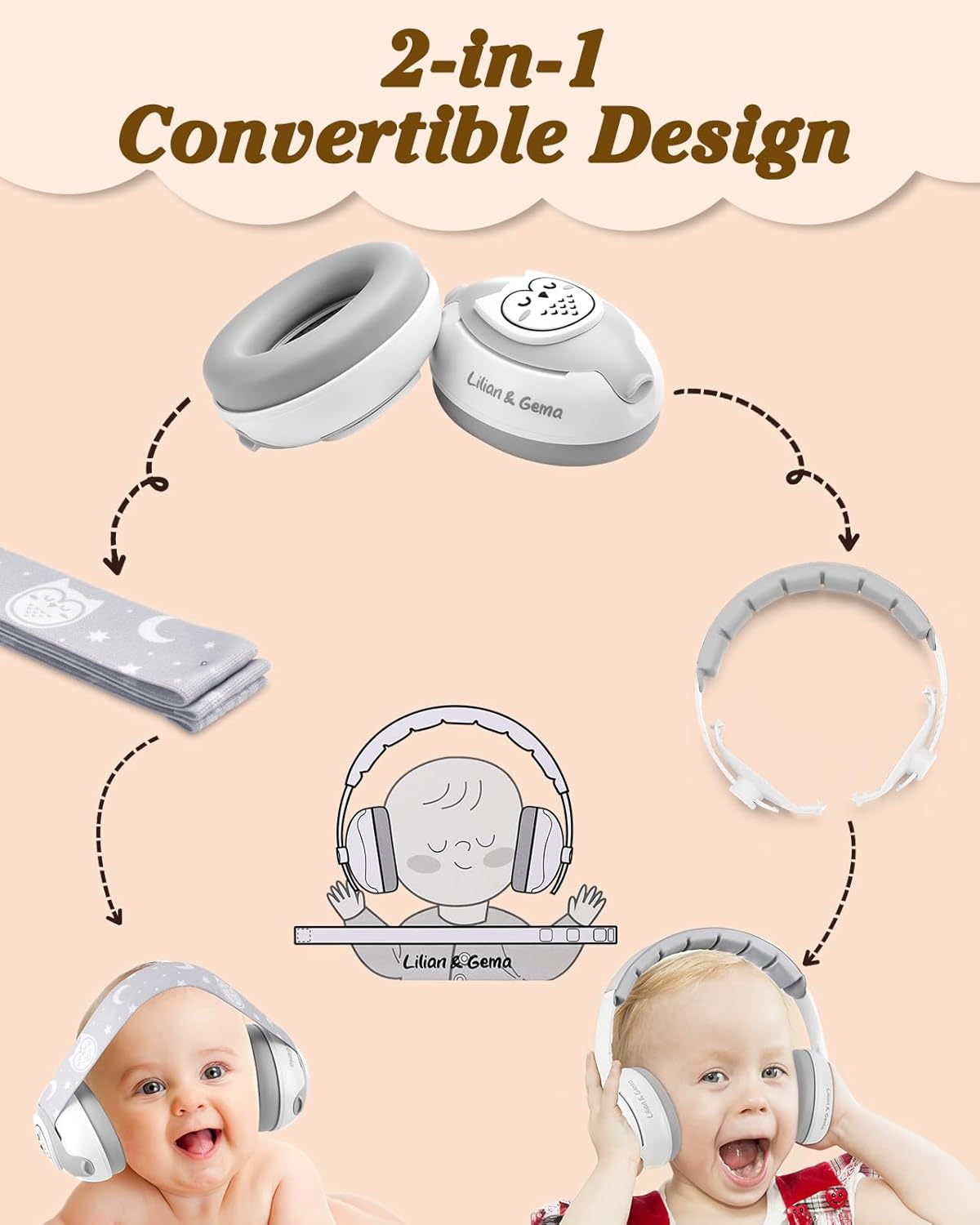 Lilian&Gema 2-in-1 Baby Ear Muffs Noise Protection - White & Pink