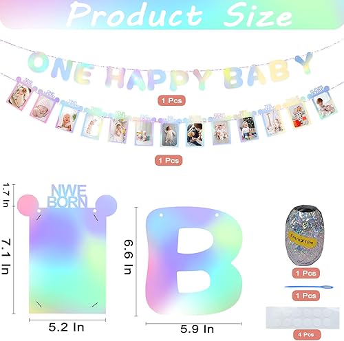 Miniatura 2 de WNINK Cartel holográfico para fotos de primer cumpleaños para bebés de recién nacido a 12 meses, decoraciones iridiscentes de primer cumpleaños,