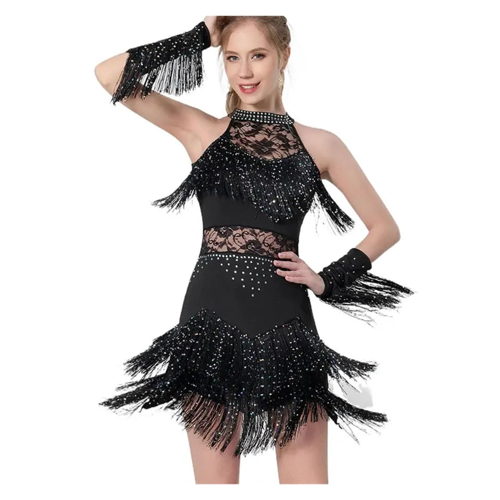 Lateinische Tanzkleidung Frauen Strass Spitze Latin Kleid Fransen Rock Ballsaal Salsa Samba Rumba Dancewear Party Bühne Kleidung Anzug und Armband(Red,M)