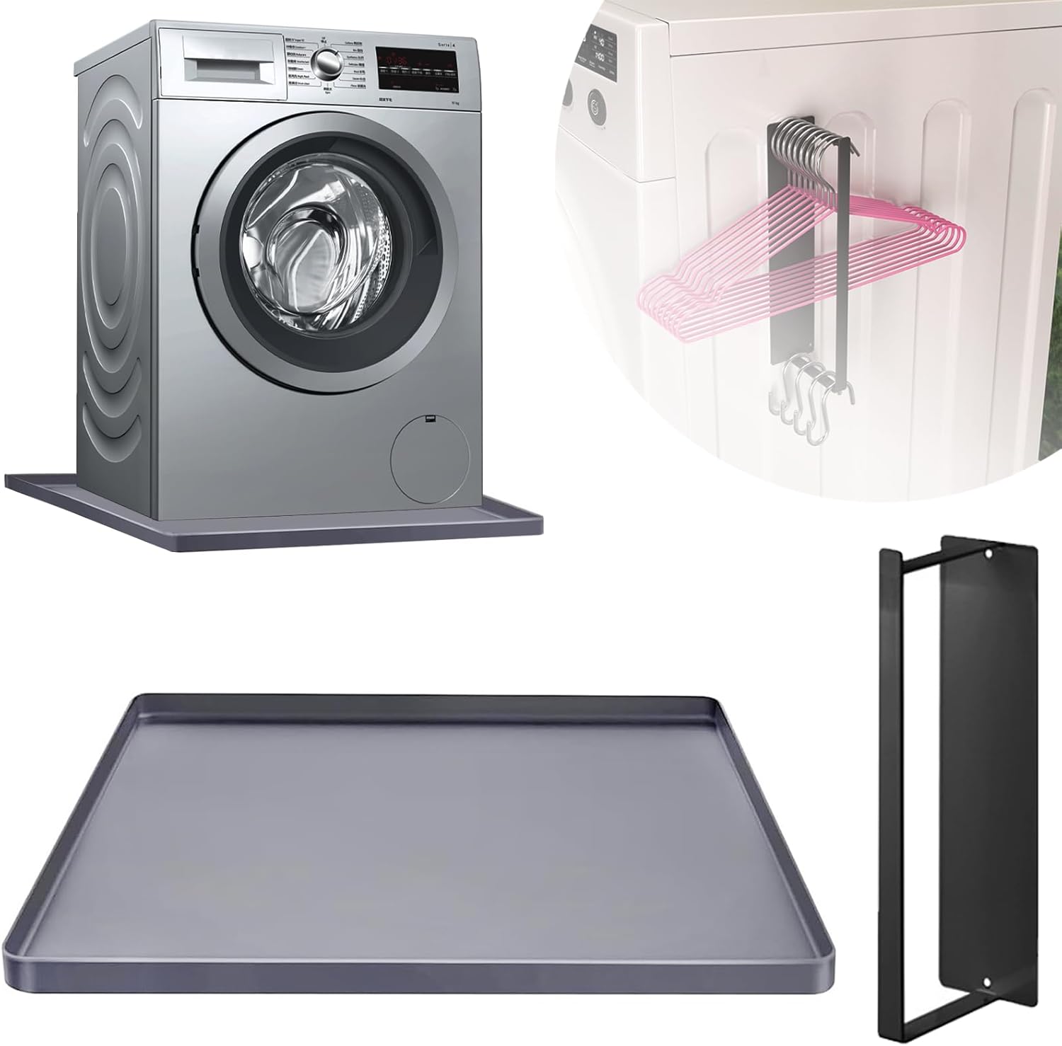27×27in Washer Drain Pan With Magnetic Hanger Organizer, Multi-function Non Slip Washer Drip Tray, With Raised Edge Washing Machine Silicone Mat, Soft Foldable Portable Waterproof Pad（Grey）