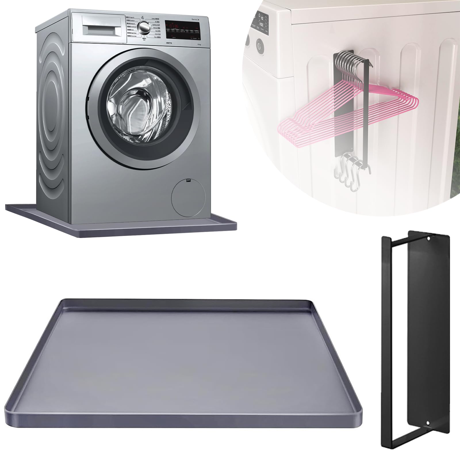 27×27in Washer Drain Pan With Magnetic Hanger Organizer, Multi-function Non Slip Washer Drip Tray, With Raised Edge Washing Machine Silicone Mat, Soft Foldable Portable Waterproof Pad（Grey）