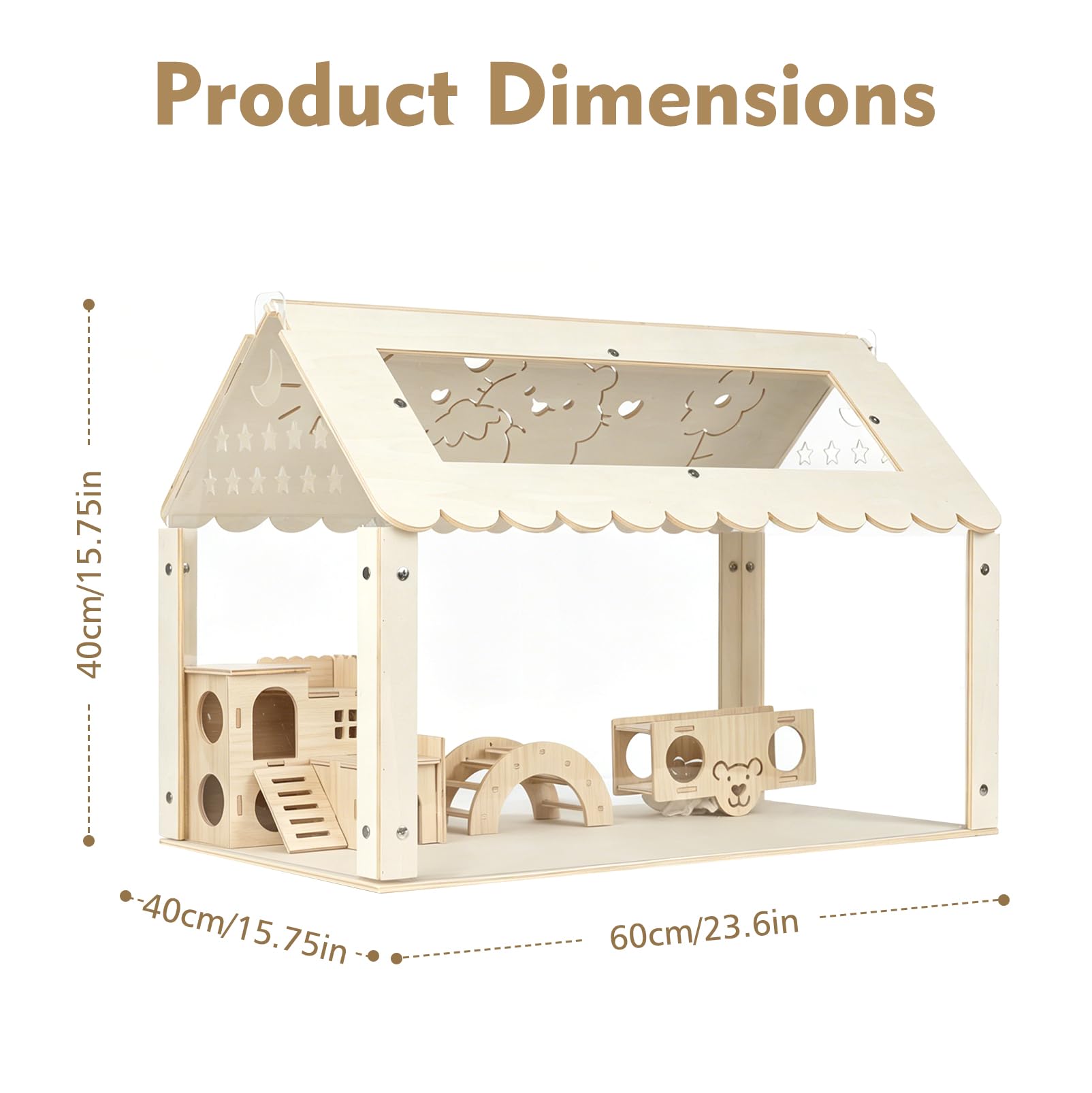 Gabbia per criceti, trasparente, per criceti, piccoli animali, 60 x 40 x 40 cm, gabbia in legno con nascondiglio in stile ville, grande impilabile per criceti siriani, roditori, topi