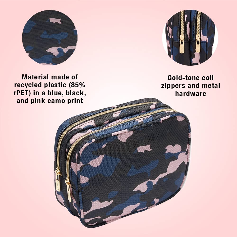 Conair Makeup Bag, Large Double Zip Toiletry and Cosmetic Bag, Perfect Size for Use At Home or Travel, Double Zip Organizer Shape in Blue, Pink and Black Camouflage