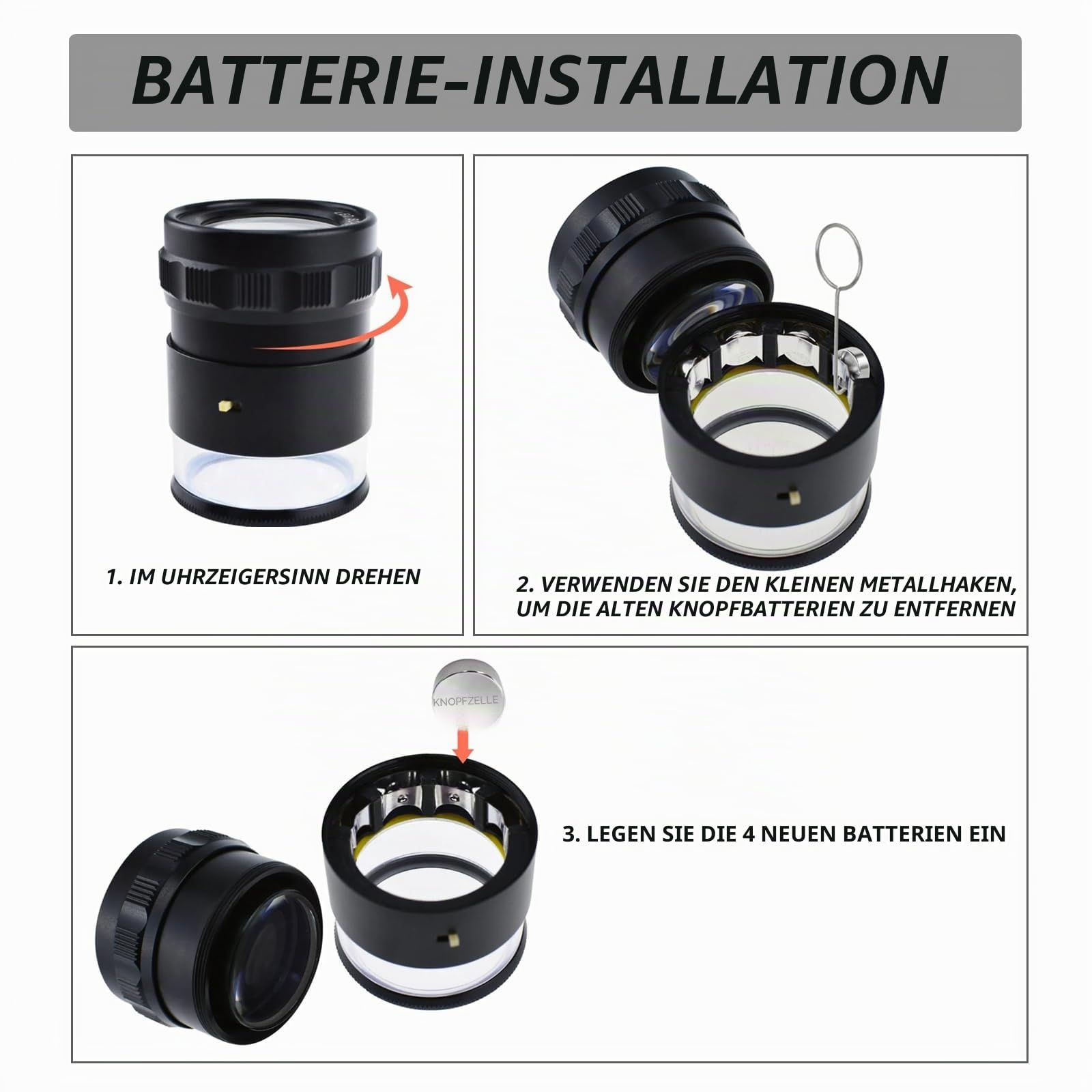 Juwelierlupe 10x, 8 LED, 4 Glas-Skalenlinsen, Schmucklupe, 5 mm, Sichtfeld, beleuchtete Juwelierschlaufe, Edelsteine, Münzen, Briefmarken, Uhren