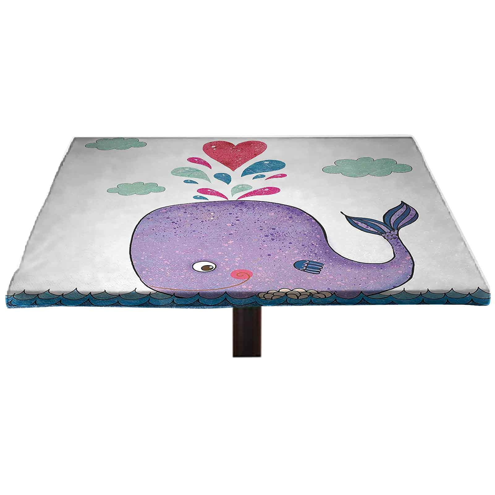Whale Elastic Edged Polyester Fitted Table Cover, Cute Smiley Whale with Love Valentines Hearts and Clouds on Sea Kids Print Fitted Square Tablecloth, Fit 24"x24" Square Table for Kitchen & Party