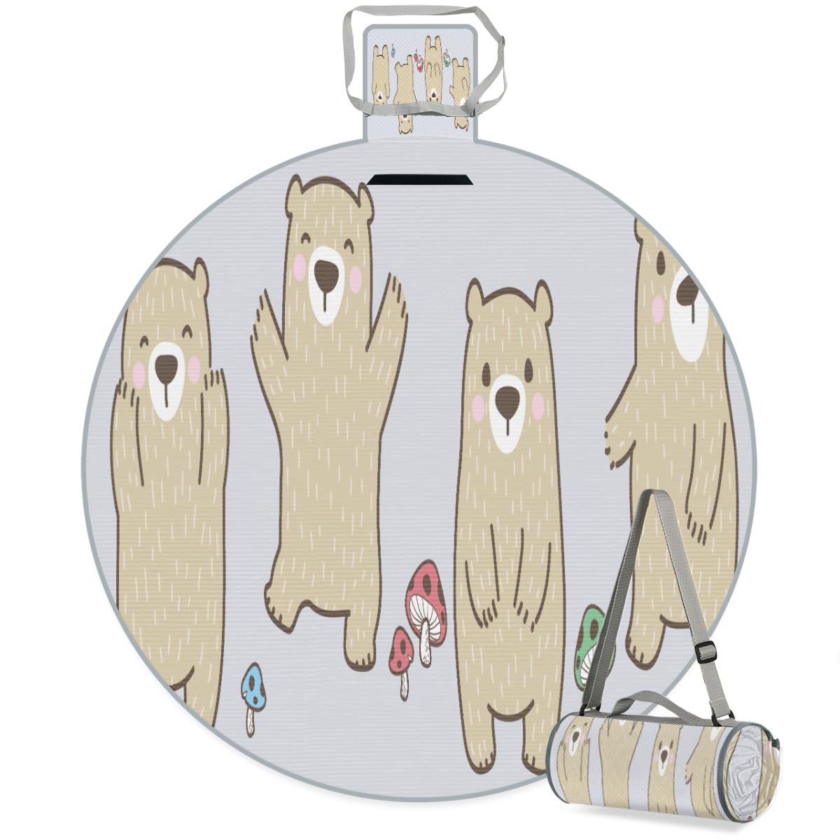 Shimoshe Cute Bear Picnic Outdoor Blanket Foldable Waterproof Sandproof Beach Blanket Portable Water-Resistant Round Picnic Mat for Travel Camping Park Lawn