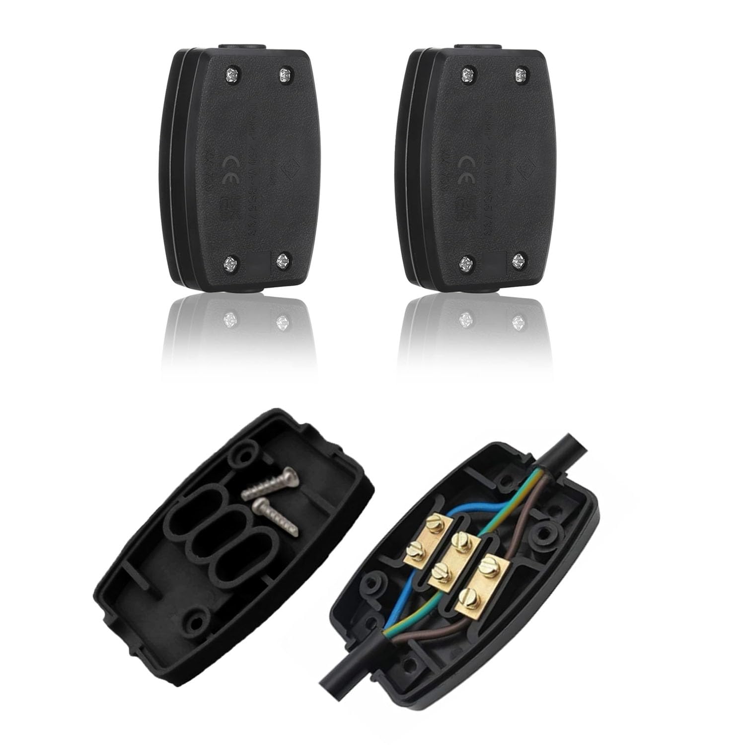 2Pcs 3 Terminal Electrical Cable Junction Box 13Amp 250v Flex Connector 3 Core Cable Joiner Cable Connectors For Indoor Lighting,Electrical Power,Wiring（ Black）