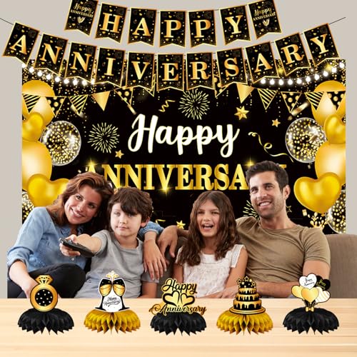 Image of Happy Anniversary Decorations,Happy Wedding Anniversary Party Supplies - Black Gold Happy Anniversary Banner,Backdrop 5.9 x 3.6Ft with 5pcs Honeycomb Centerpiece for Work Anniversary Decorations