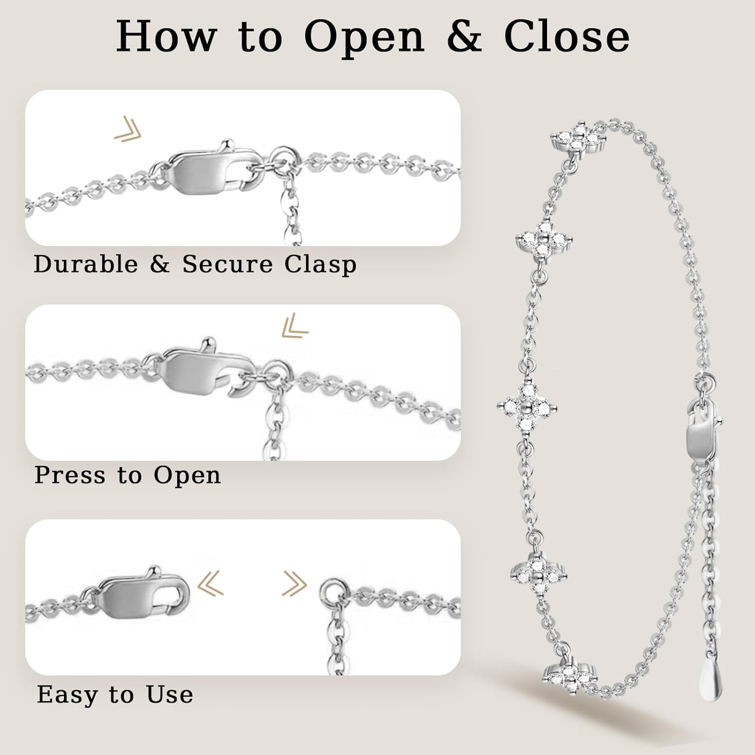 Dainty Moissanite Clover Bracelet for Women, D Color VVS1, Cute Stackable Adjustable 14K Gold/White Gold Plated Bracelet, Non Tarnish Trendy Waterproof Jewelry, Friendship Love Gift for Her - Image 5