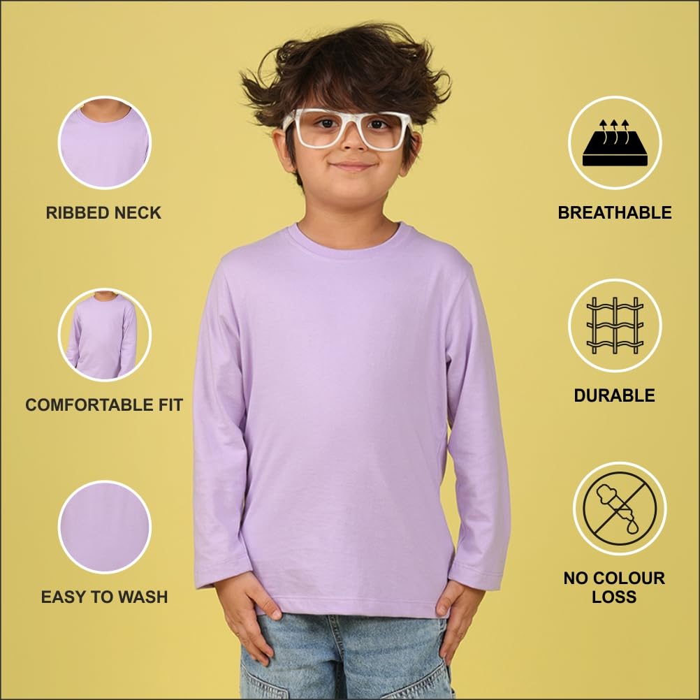 Nusyl Boys Solid Cotton T-Shirt | Round Neck | Full Sleeves | Plain-Regular Fit | Lilac - Image 5 thumbnail