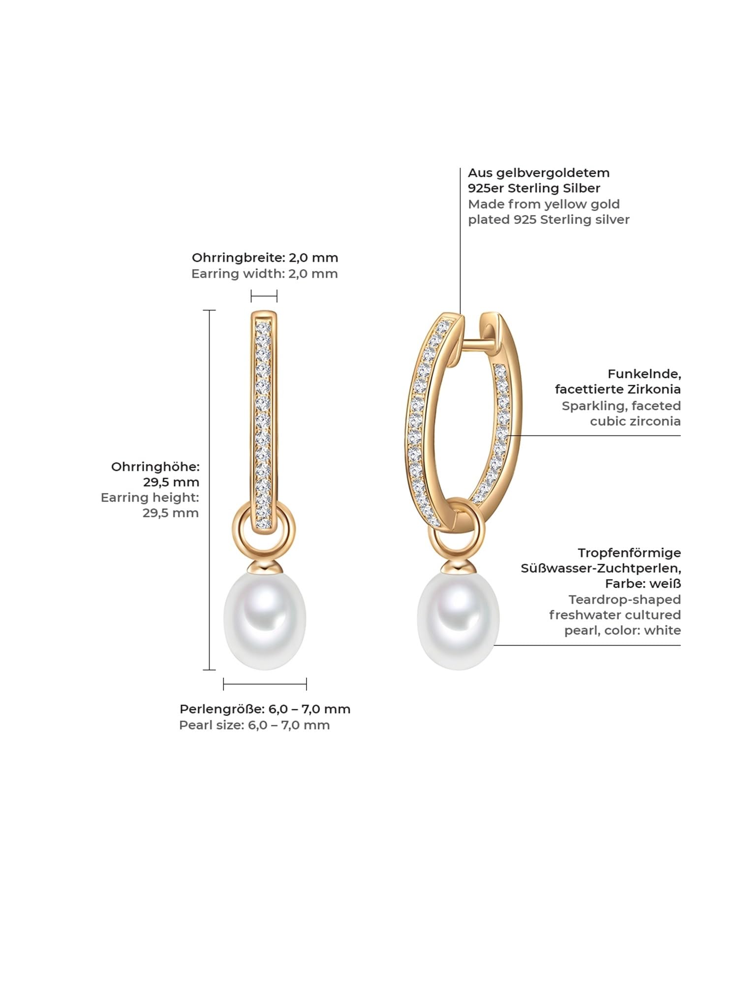 Valero Pearls Damen Klappcreolen aus 925/- Sterling Silber gelbvergoldet mit Zirkonia-Steinen und Perleneinhänger Süßwasser-Zuchtperlen 6-7 mm weiß