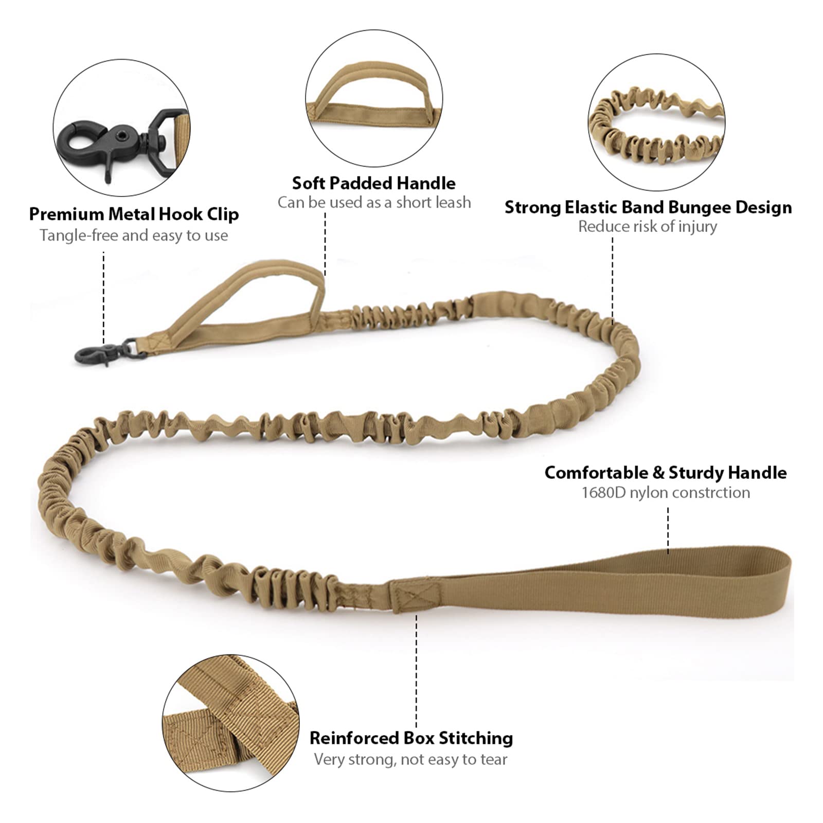 Ensemble Collier et Laisse Tactique pour Chien réglable en Nylon Militaire avec poignée de contrôle, Boucle en métal Robuste et Laisse élastique pour Dressage de Chien (Taille XL, Kaki)