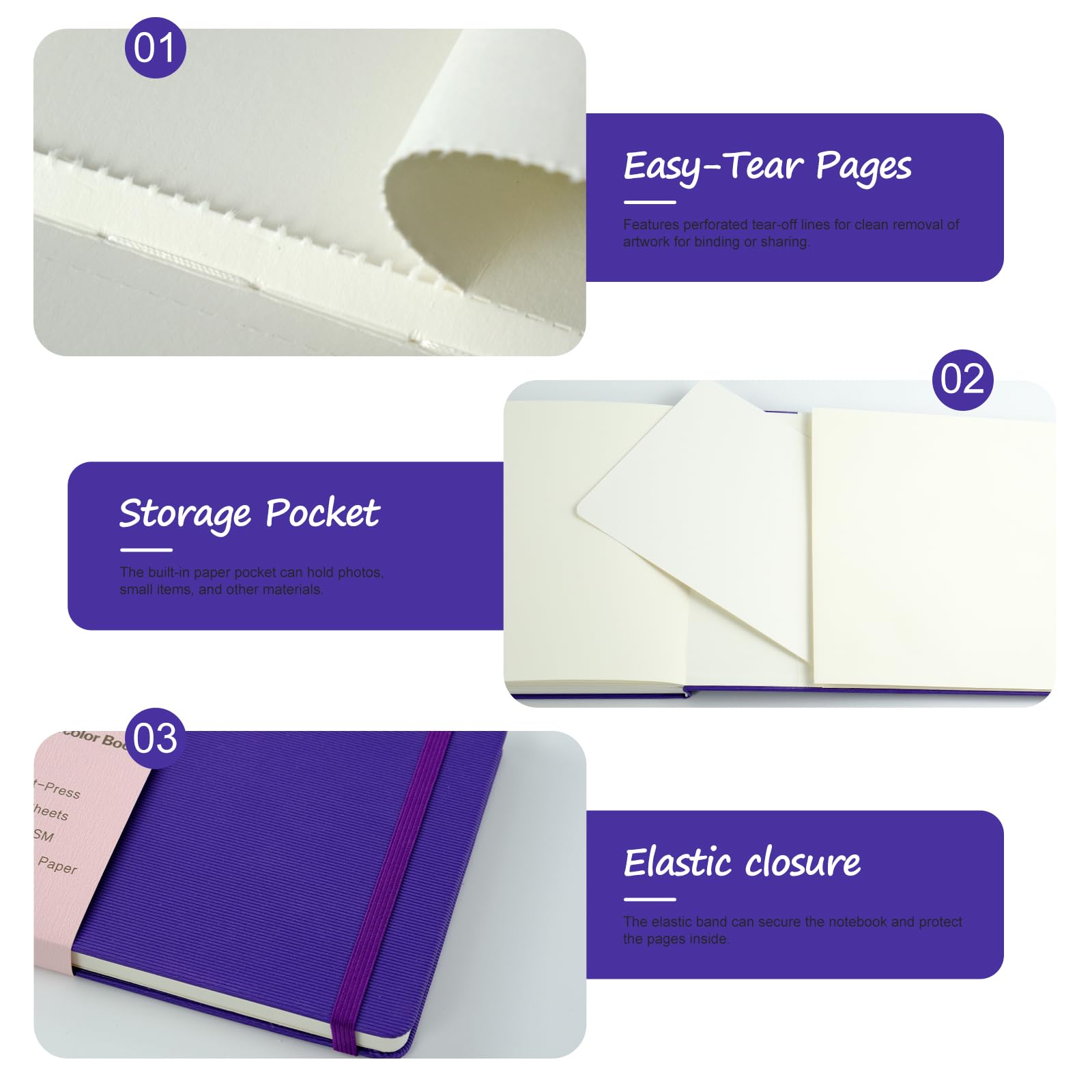 CuppaClip Quaderno per schizzi con carta ad acquerello in cotone pressato a caldo con tasca interna, diario da viaggio, 300 g/m², 63,5 kg (viola+verde, 14,8 x 9,5 cm)